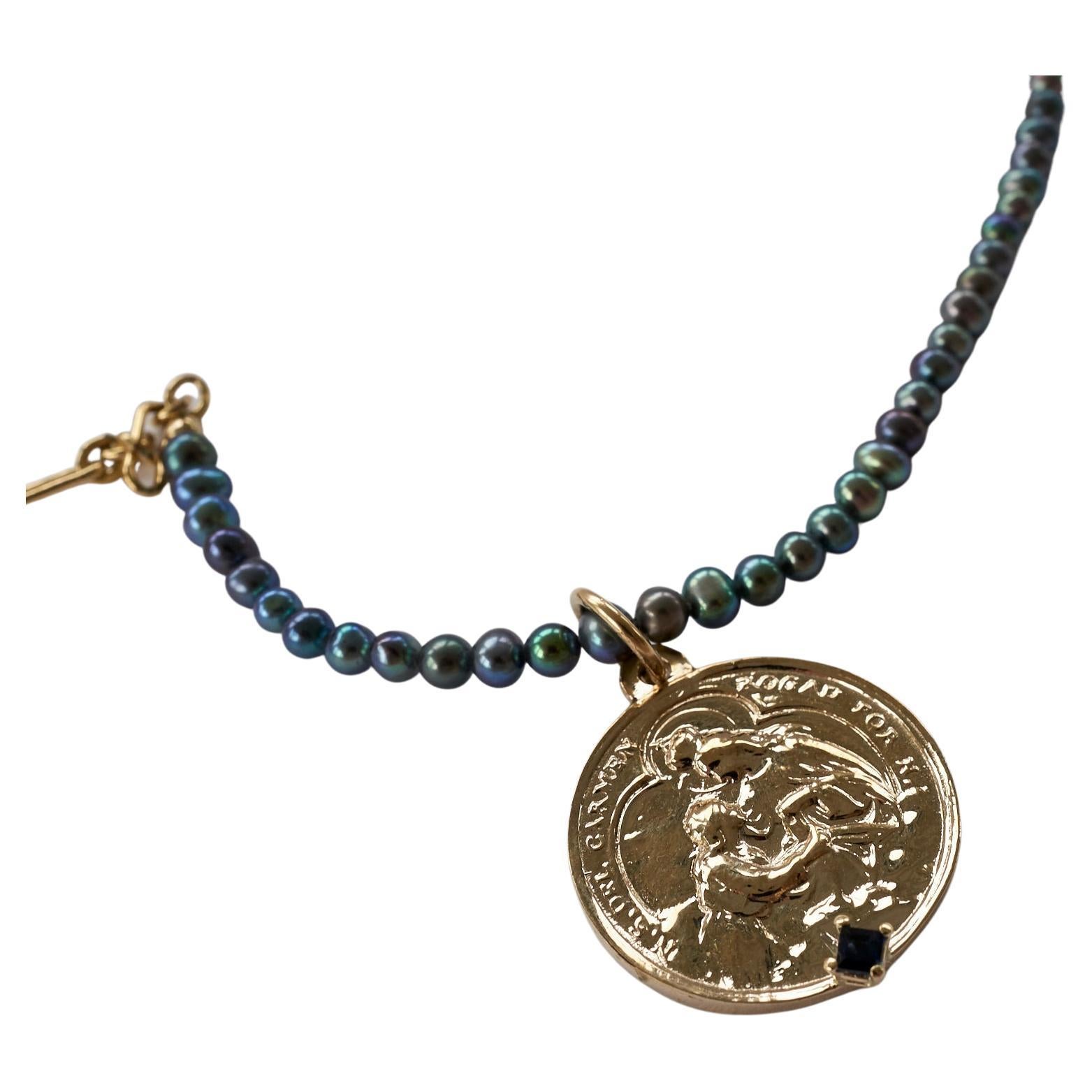 Sapphire Black Pearl Virgin del Carmen Medal Chain Necklace J Dauphin For Sale