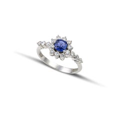Sapphire Blue and Diamond 18Kt white gold  ring heart cut blue color handmade