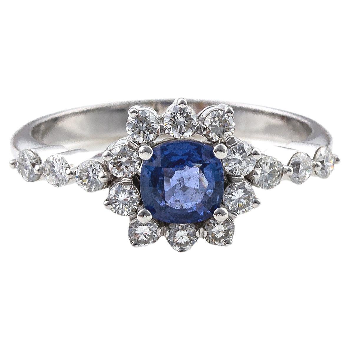 Sapphire Blue and Diamond 18Kt white gold  ring heart cut blue color handmade