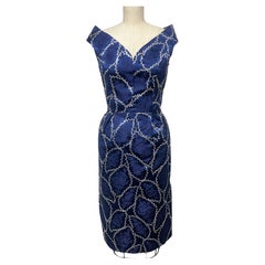 Sapphire-blue and White Embroidered Taffeta Off-the-Shoulder Slim Dress