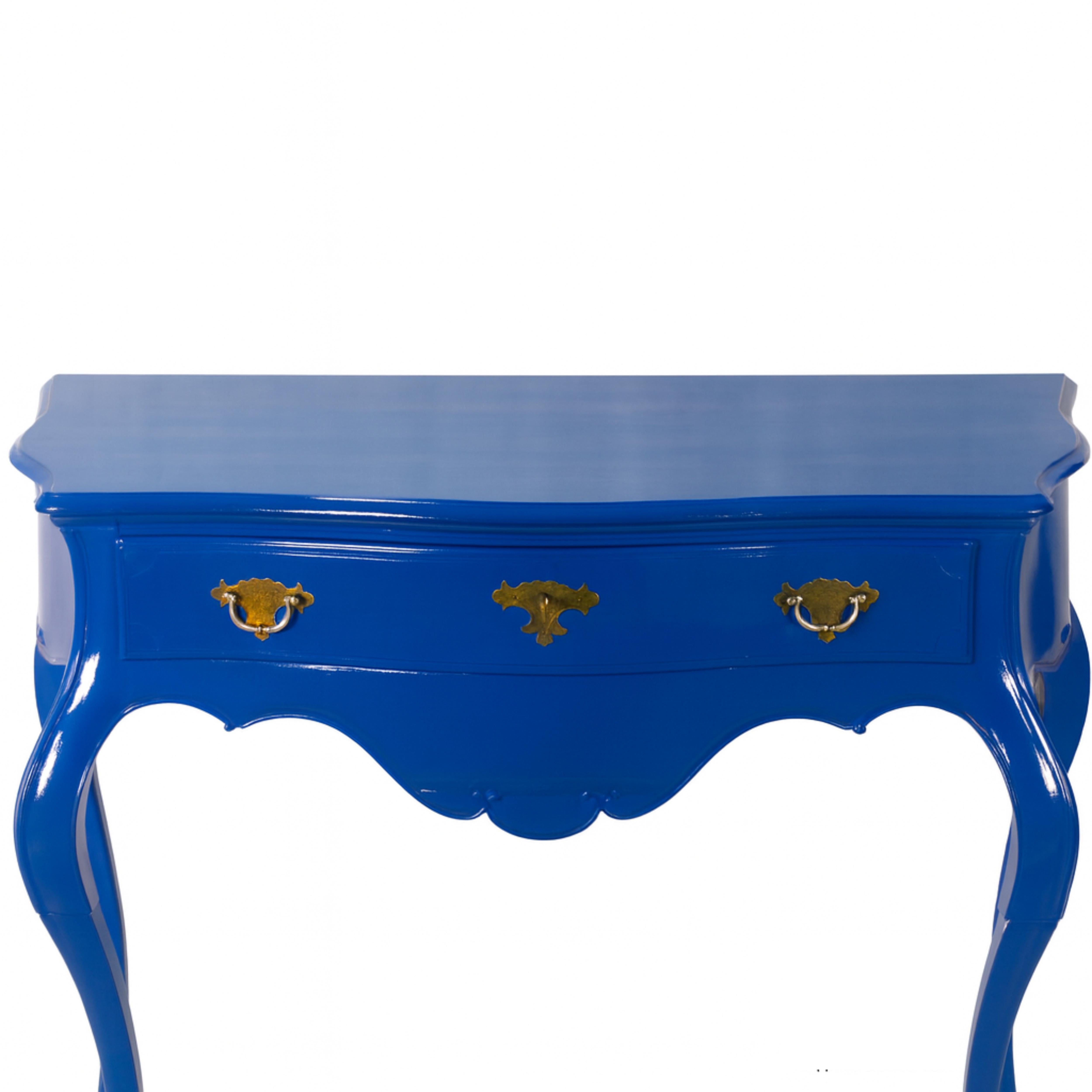 Elevate your space with this high-end portuguese Baroque-style wood table commode, now reimagined in sleek refinished in Sapphire Blue #0F3B73 color reference color reference by expert artisans. Featuring a single drawer with a cut-out top that