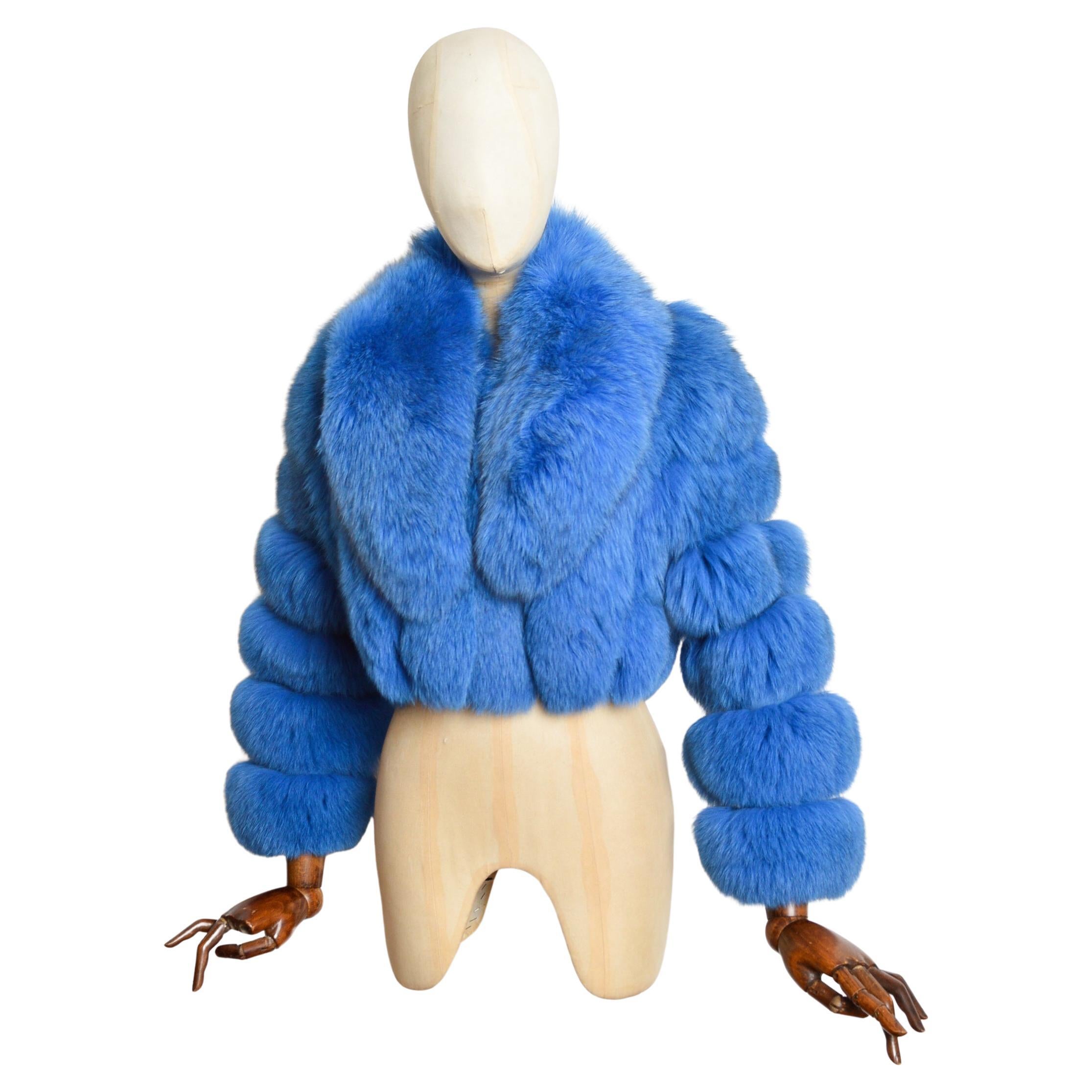 Sapphire Blue Colourful Chubby Real Fox Fur Cropped Jacket - Coat For Sale