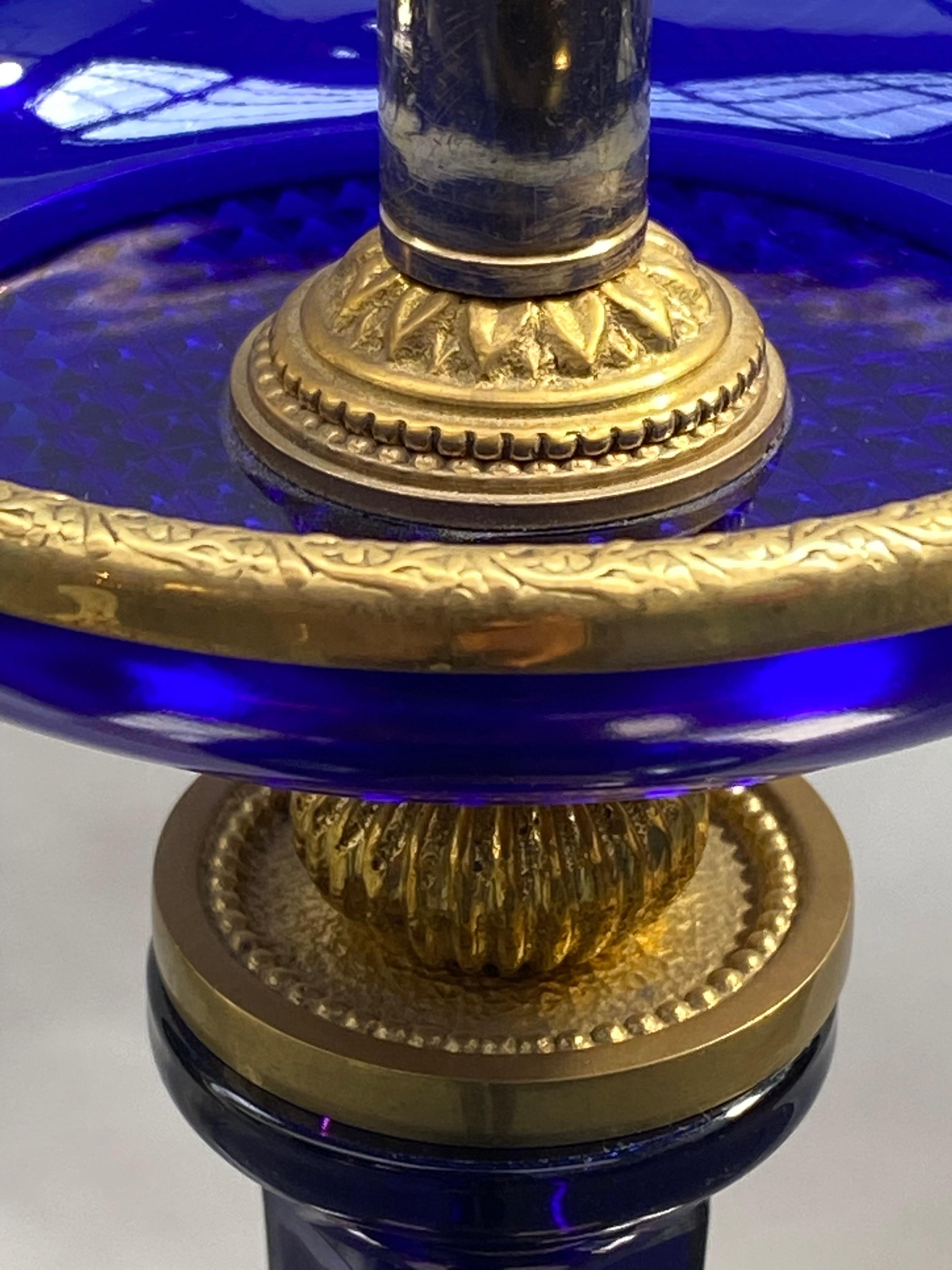 20th Century Sapphire Blue Crystal Lamp Base Gilded Bronze For Sale