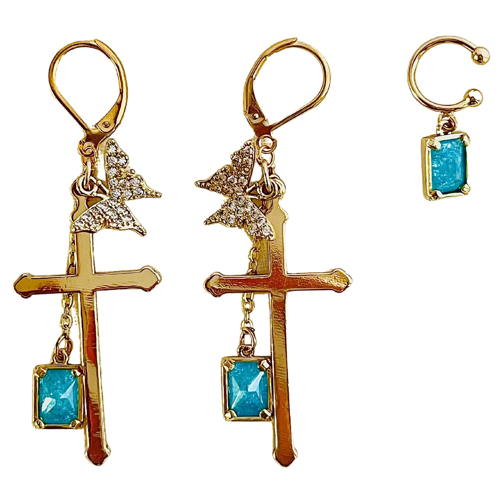 Sapphire Blue Cuff Gold Long Cross Crystals Butterfly Drop Pierced Earrings For Sale