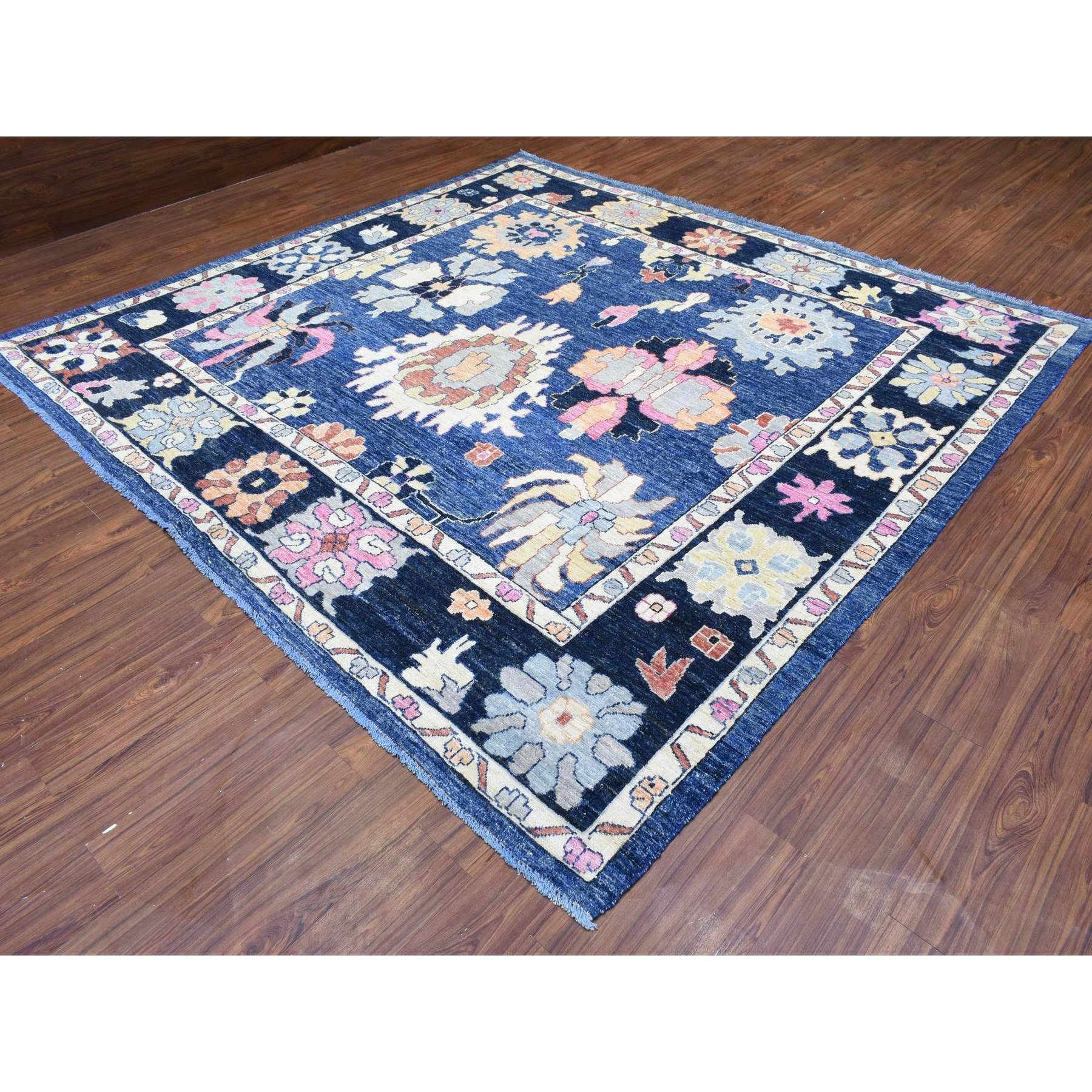 Hand-Knotted Sapphire Blue Hand Knotted Afghan Angora Oushak All Wool Square Rug 9'6