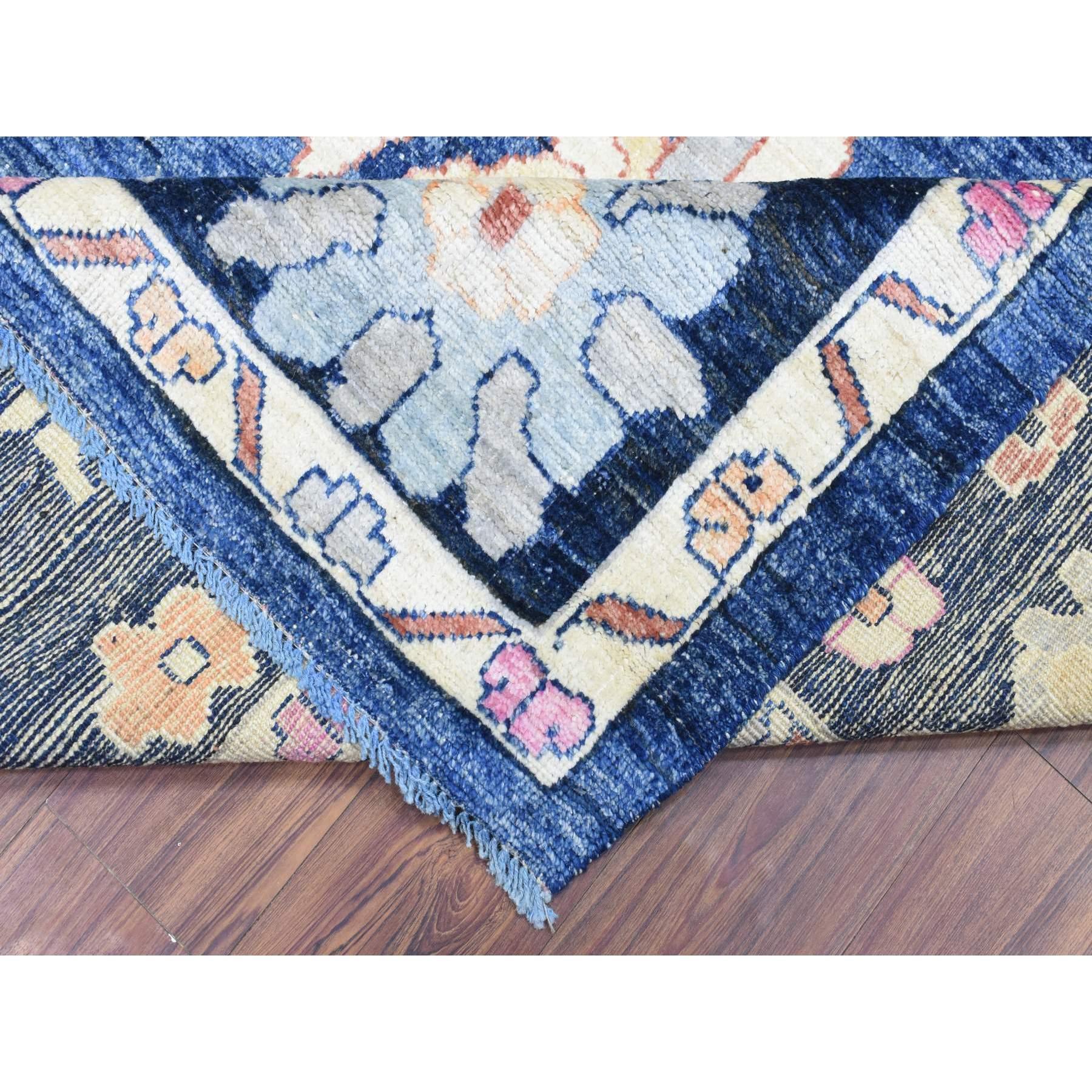 Sapphire Blue Hand Knotted Afghan Angora Oushak All Wool Square Rug 9'6