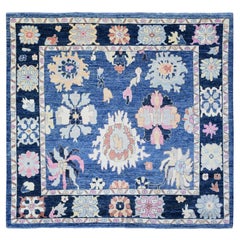 Sapphire Blue Hand Knotted Afghan Angora Oushak All Wool Square Rug 9'6" x 10'3"