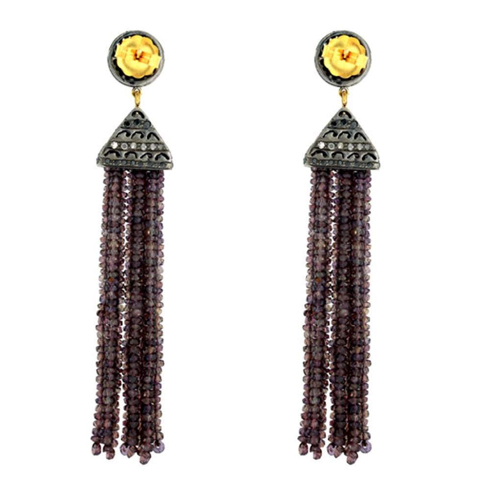 Artisan Sapphire & Blue Moonstone Tassel Earring with Diamonds Made in 18k Gold & Silver For Sale