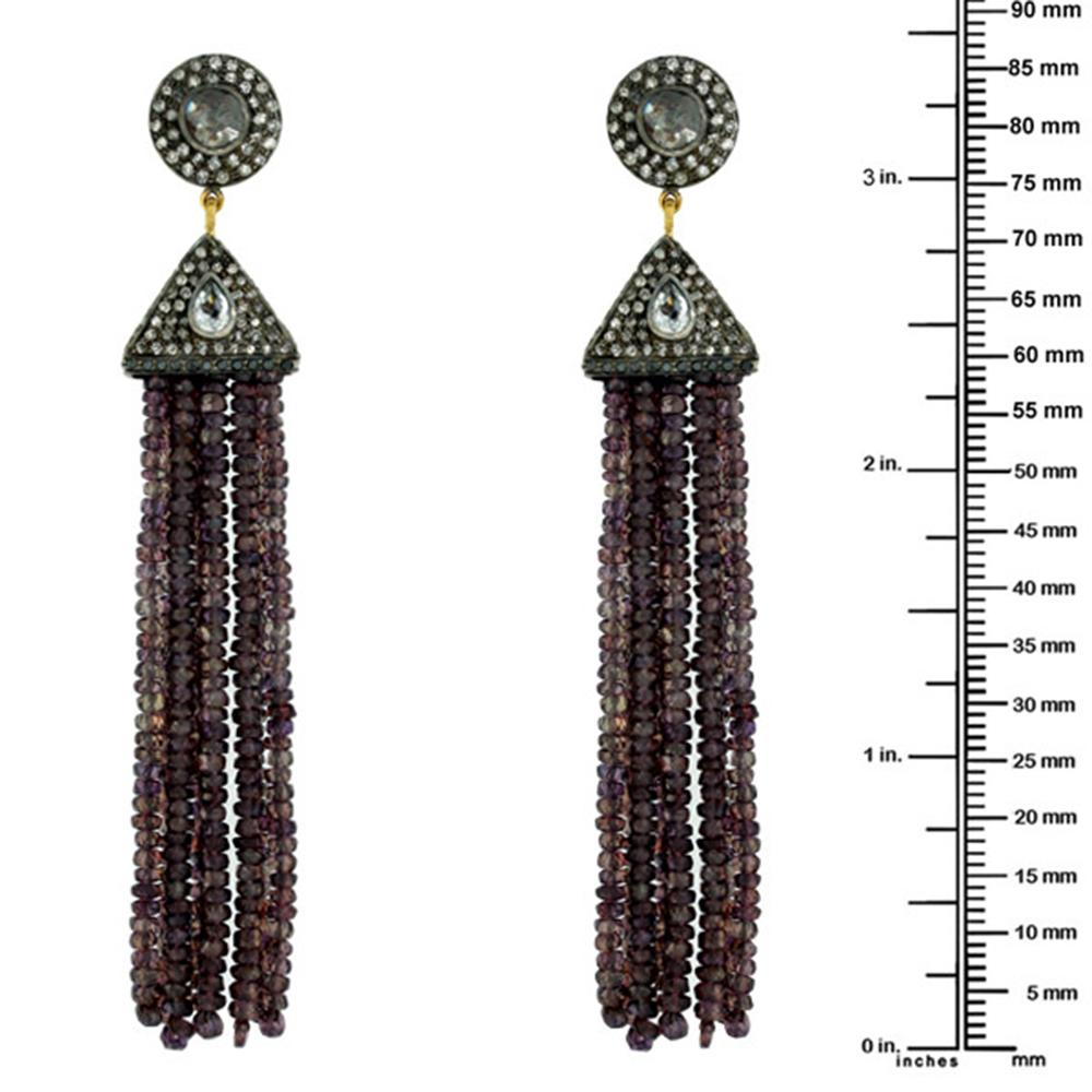 Mixed Cut Sapphire & Blue Moonstone Tassel Earring with Diamonds Made in 18k Gold & Silver For Sale