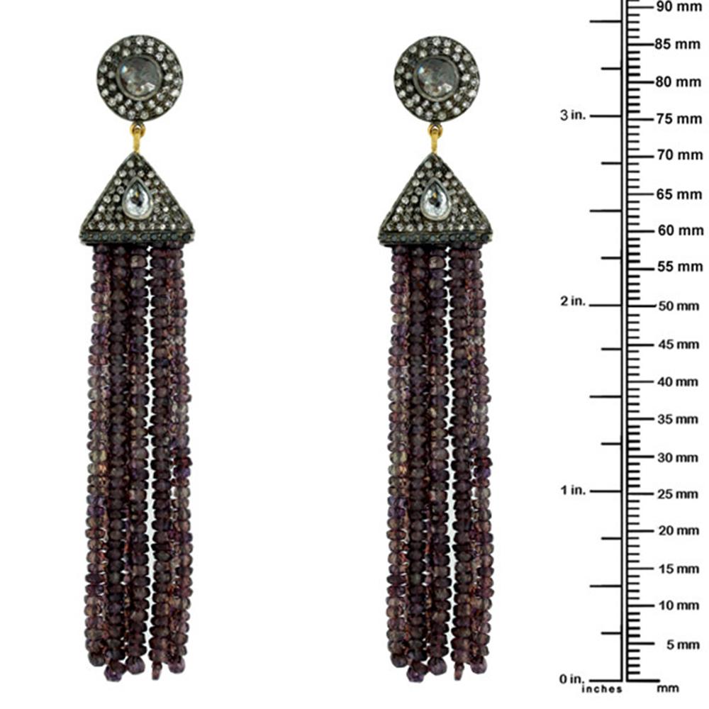 Artisan Sapphire & Blue Moonstone Tassel Earring with Diamonds Made in 18k Gold & Silver For Sale