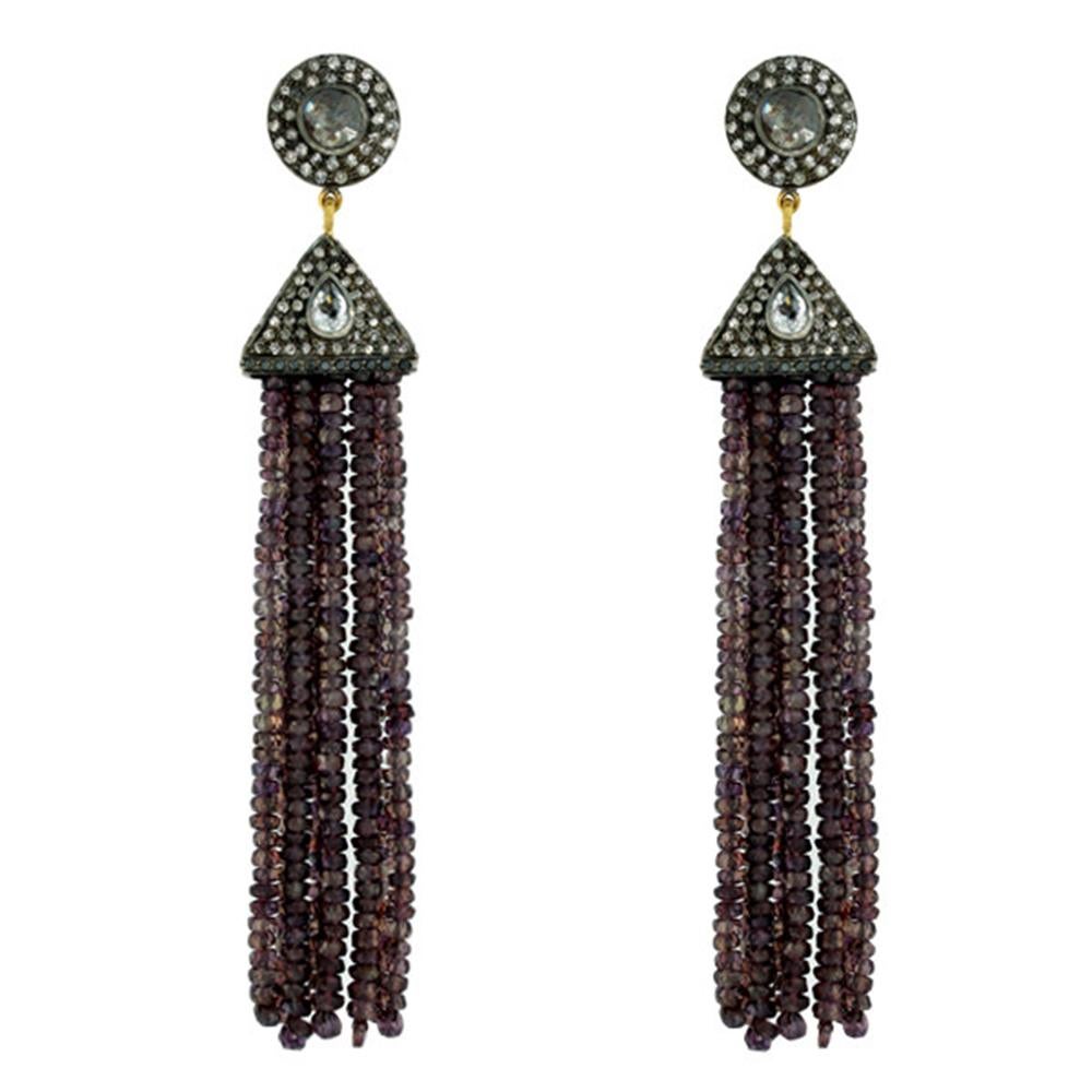 Mixed Cut Sapphire & Blue Moonstone Tassel Earring with Diamonds Made in 18k Gold & Silver For Sale