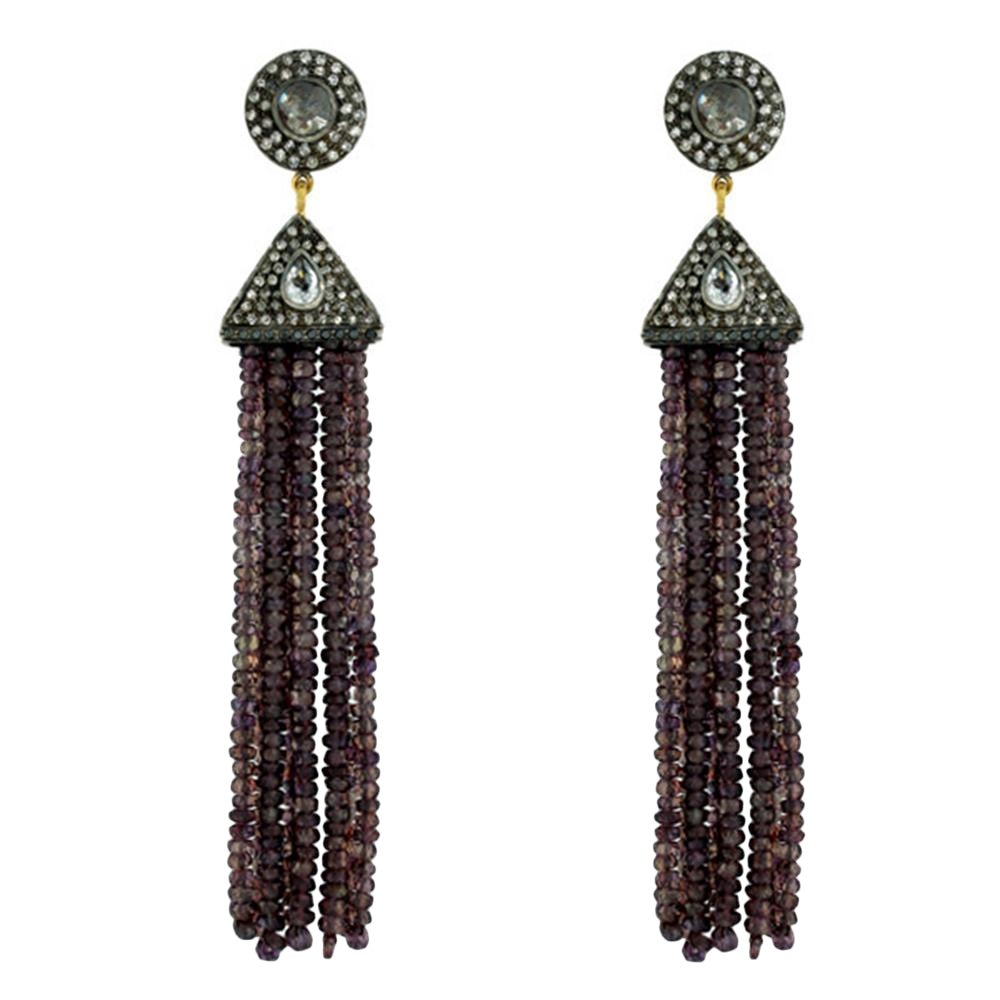 Boucle d'oreille en saphir et pierre de lune bleue avec diamants en or 18k et argent