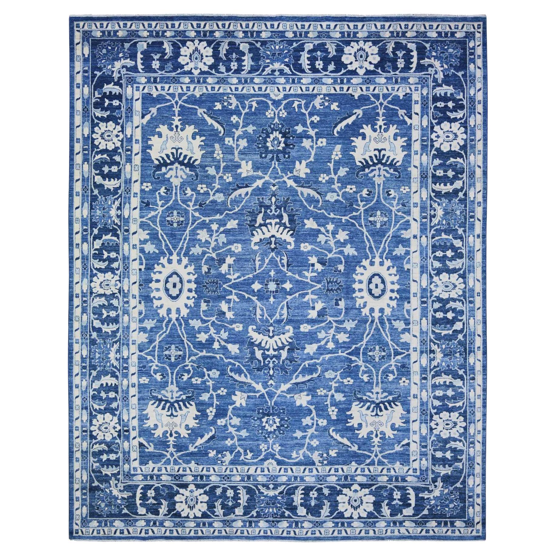 Sapphire Blue Pure Wool Hand Knotted Finer Peshawar Oriental Rug 11'8" x 14'4"