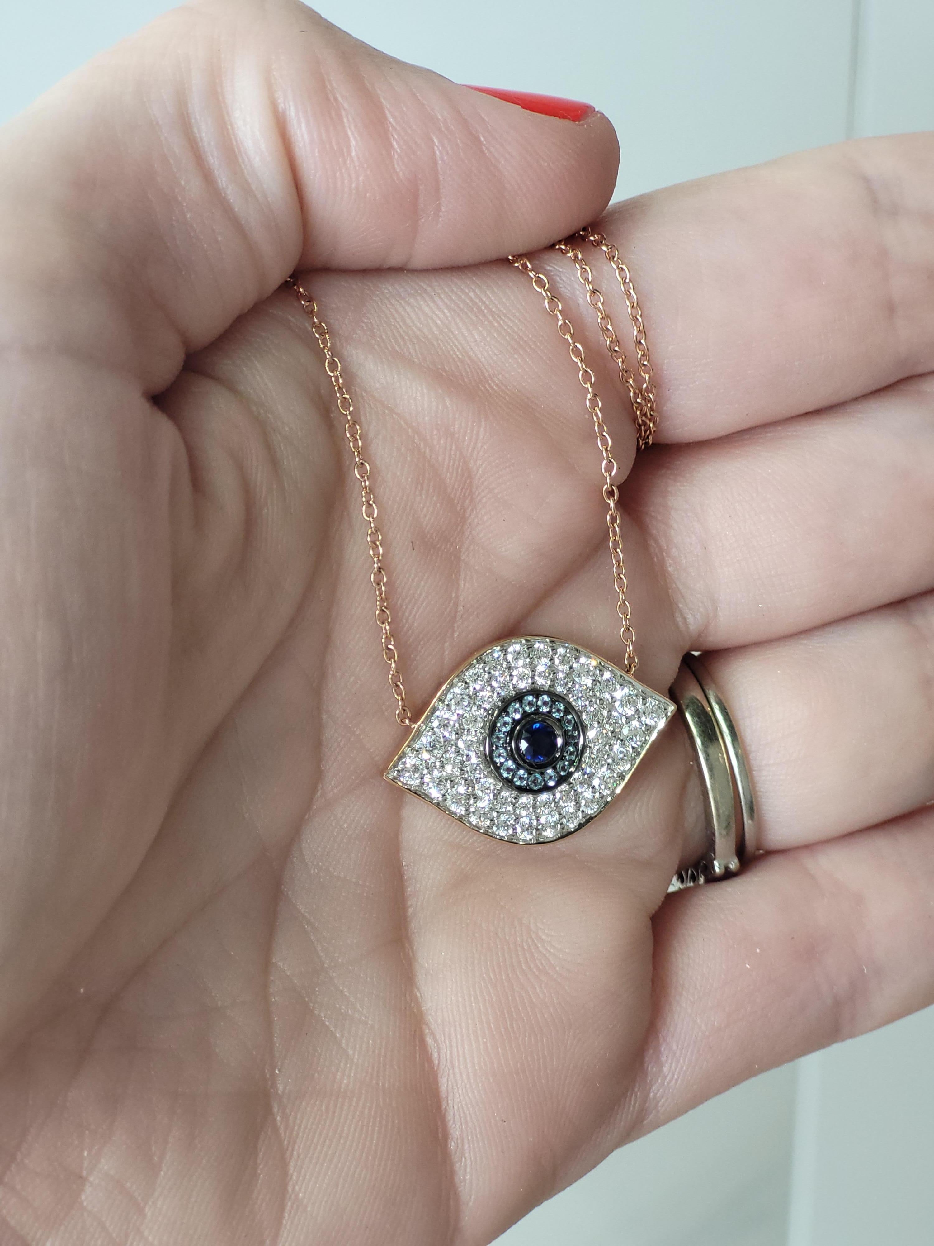 Round Cut Sapphire, Blue Quartz, and Diamond Evil Eye Pendant Necklace For Sale