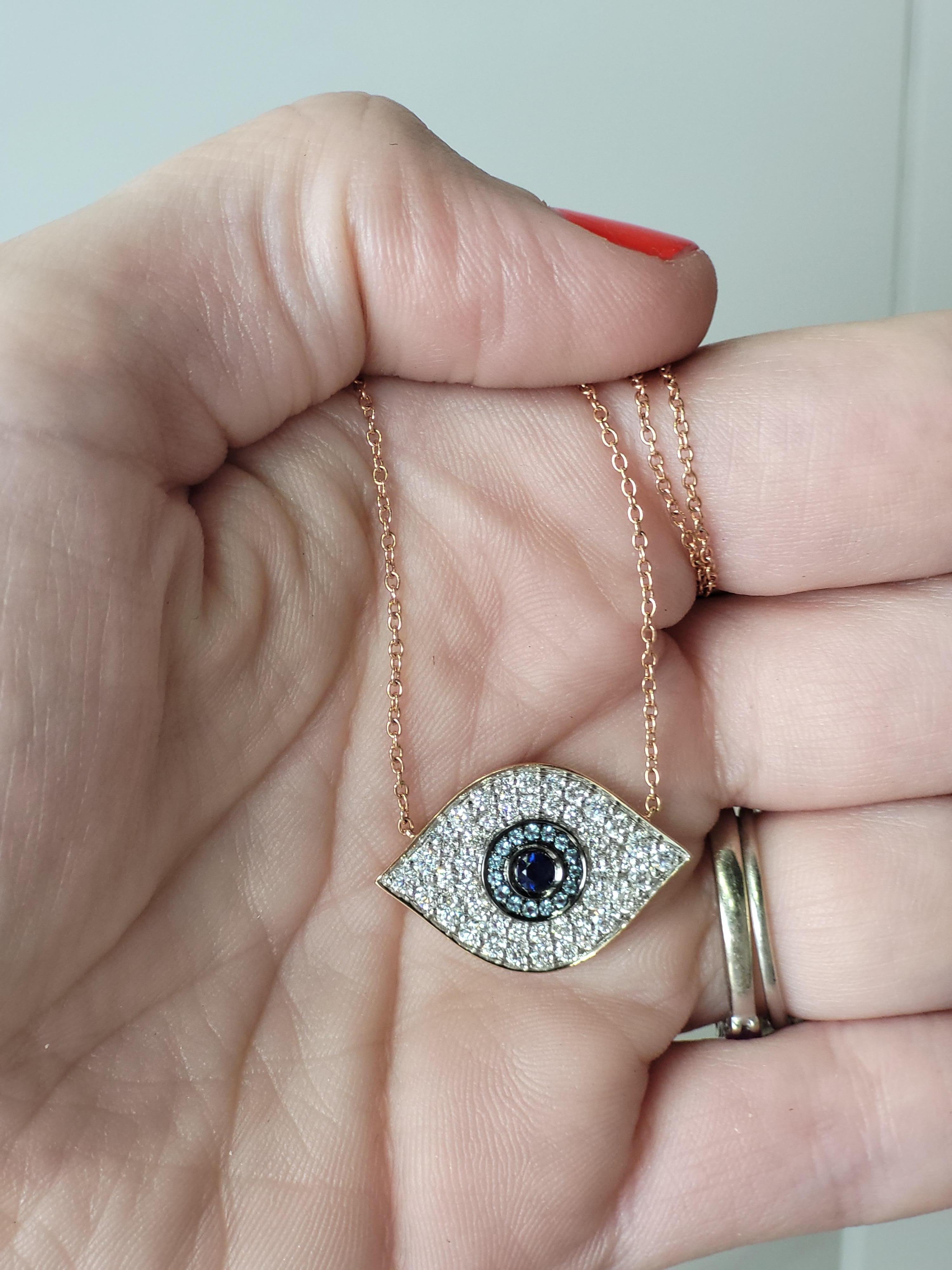 Sapphire, Blue Quartz, and Diamond Evil Eye Pendant Necklace In New Condition For Sale In Houston, TX