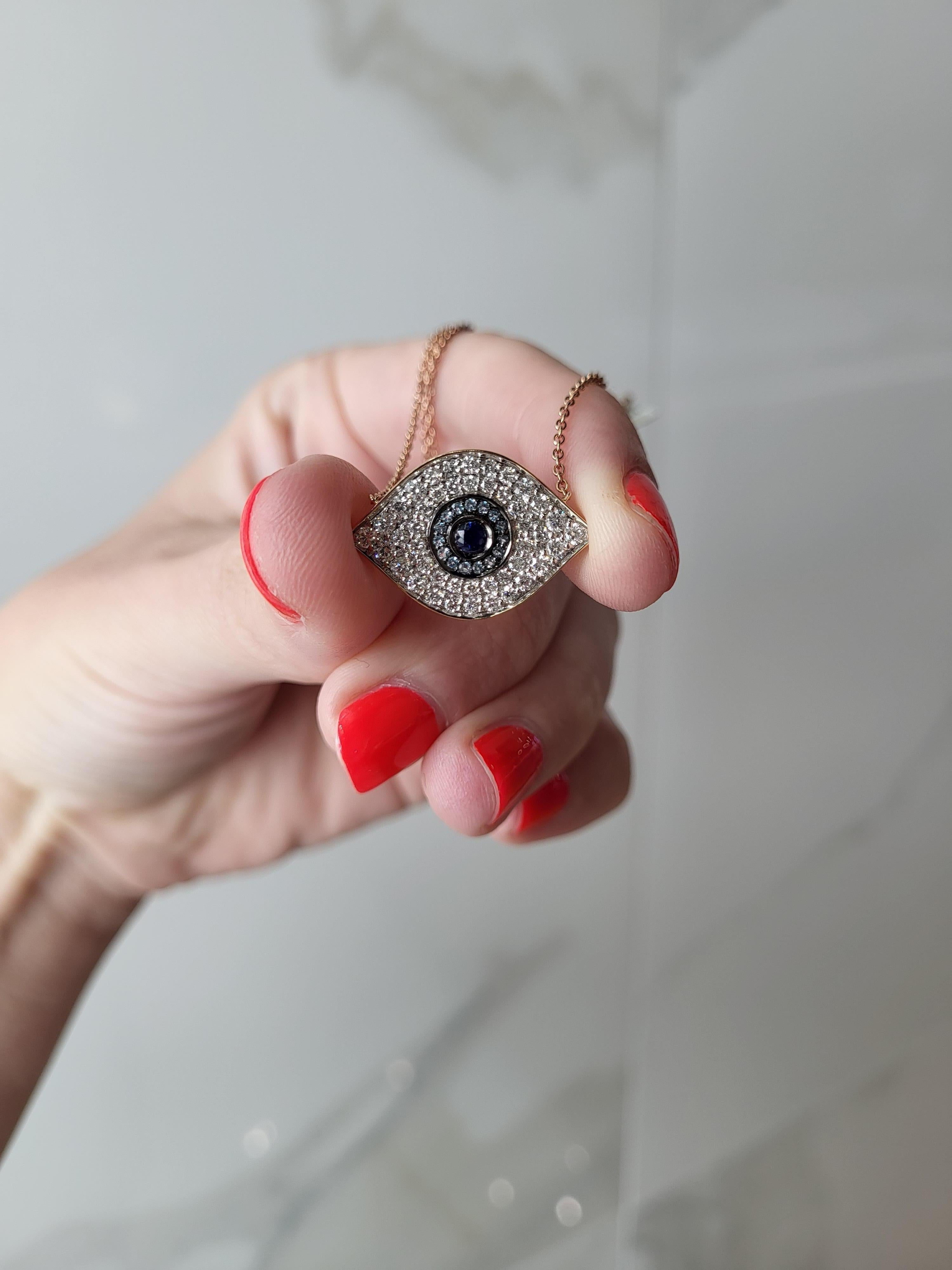 Women's or Men's Sapphire, Blue Quartz, and Diamond Evil Eye Pendant Necklace For Sale