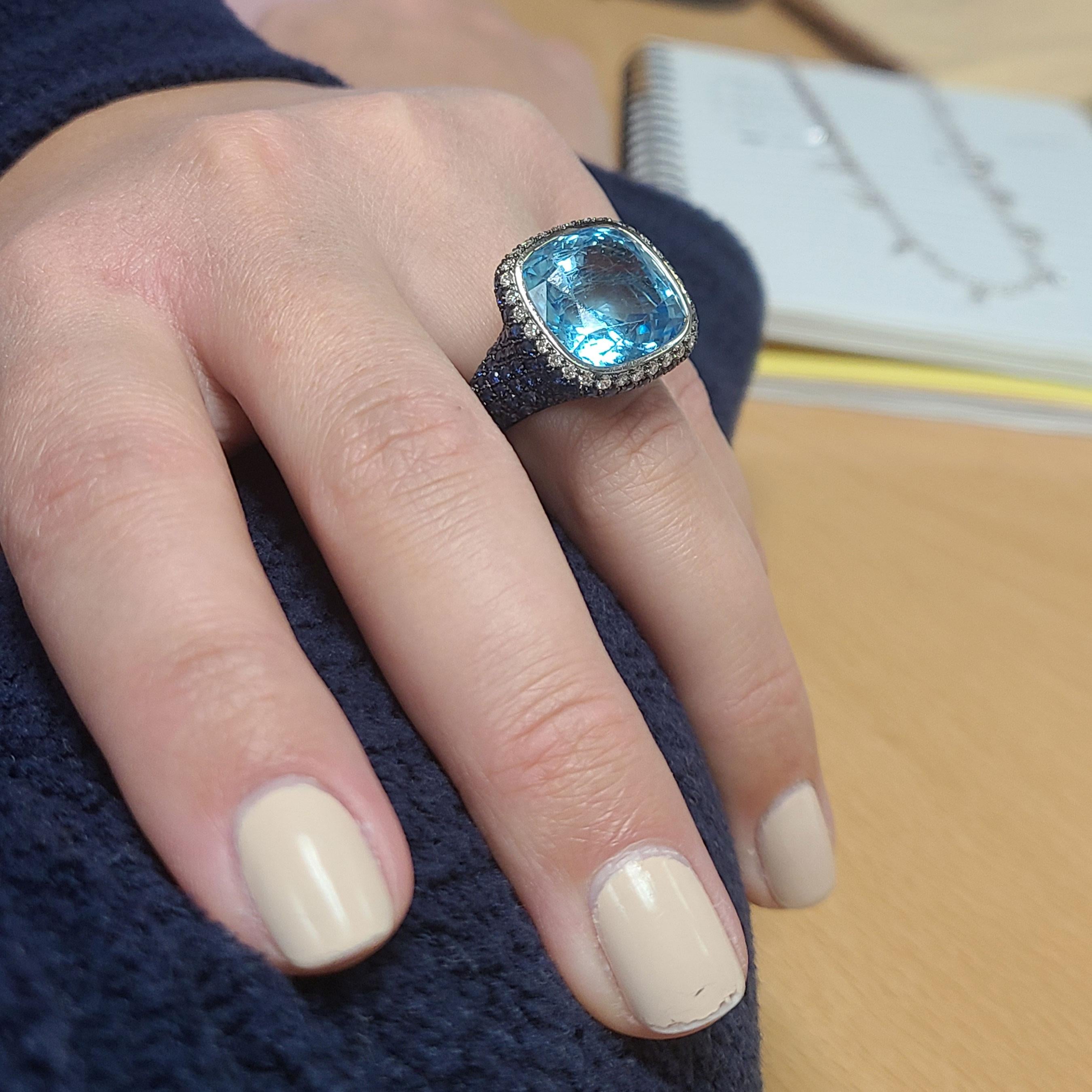 Artisan 18K Gold Sapphire & Blue Topaz Ring For Sale