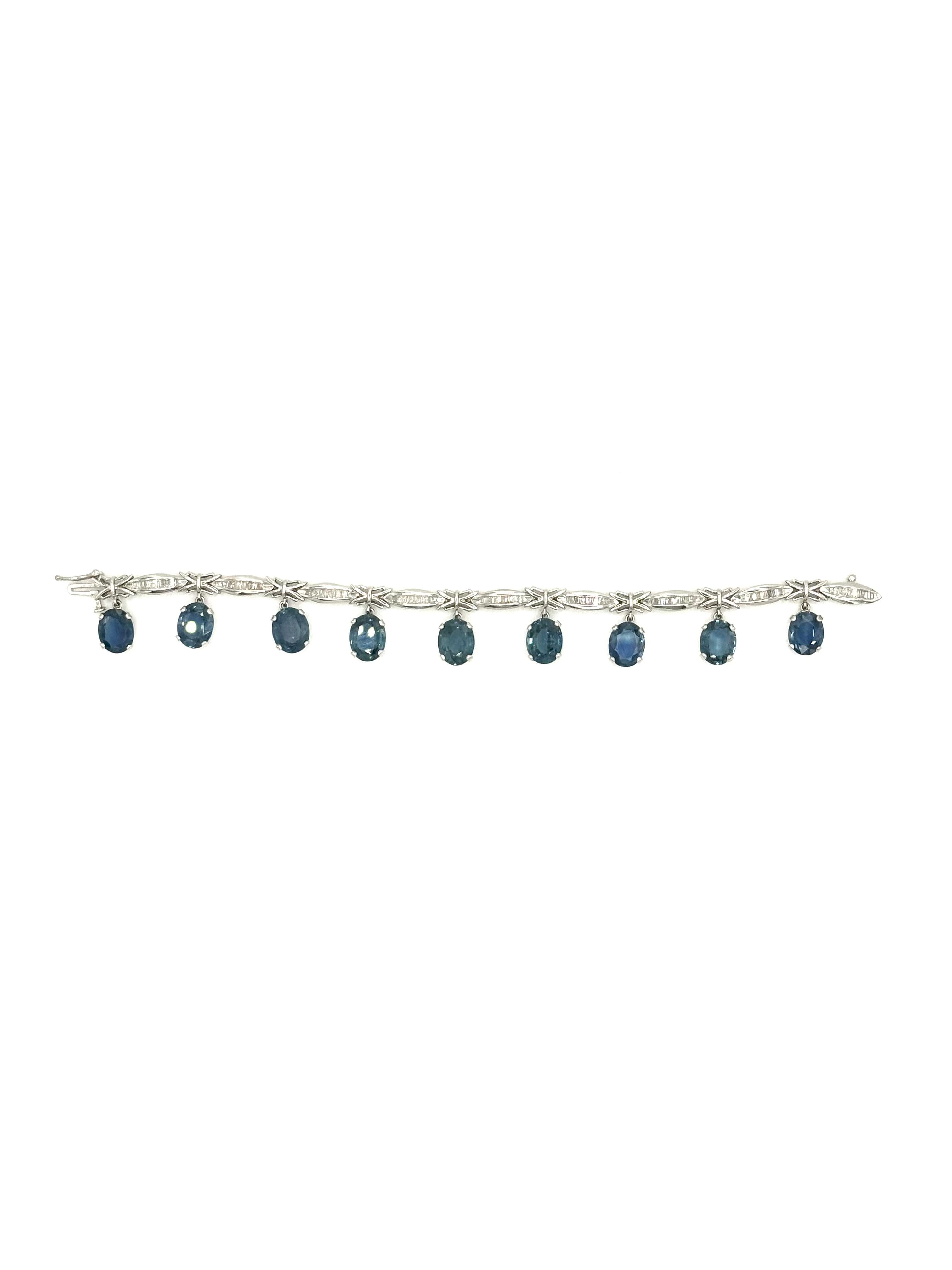 Bracciale in oro bianco 14 carati, 9 zaffiri ovali e 103 diamanti triangolari