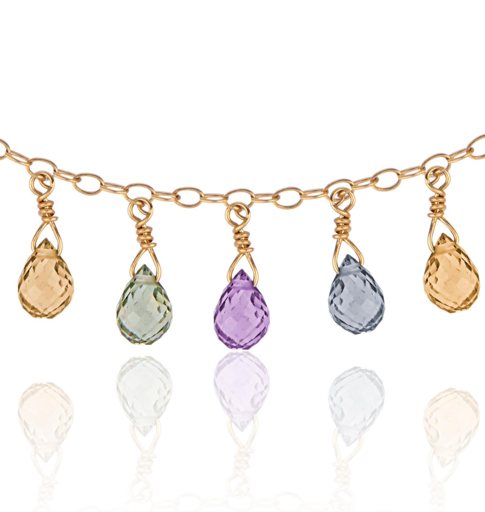 Sapphires in Rain Drop Shapes Dangle From a Delicate 18K Yellow Gold Chain. Custom-designed with Hand-Crafted Toggle Clasp in 22k Yellow Gold. Handcrafted by Susan Mancuso of Forge & Foundry Jewels.
