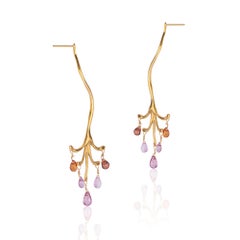 Sapphire Briolette Chandelier Branch Earrings in Yellow Gold