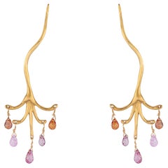 Sapphire Briolette Chandelier Branch Earrings in Yellow Gold