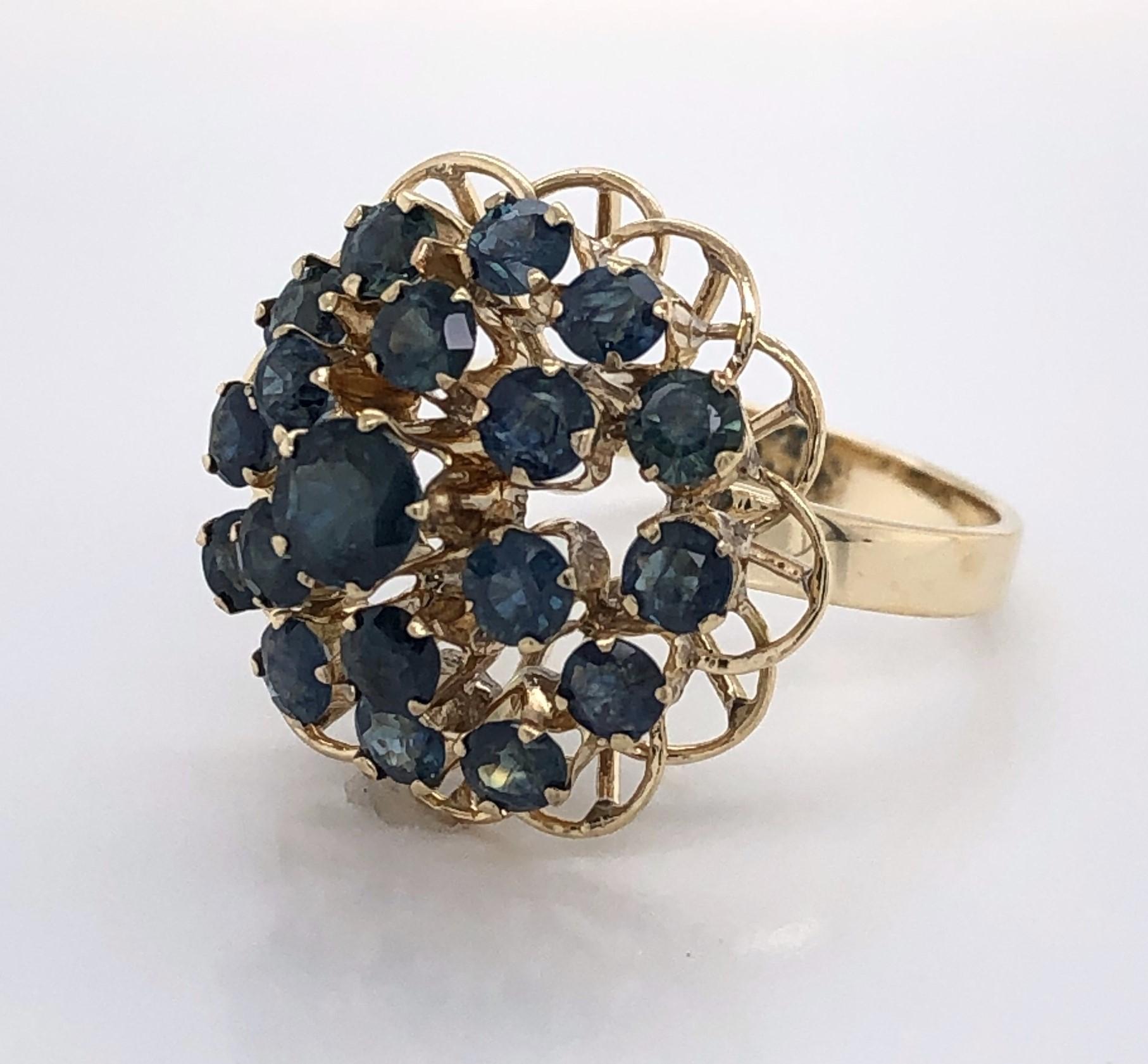 Round Cut Sapphire Burst Yellow Gold Cluster Cocktail Ring