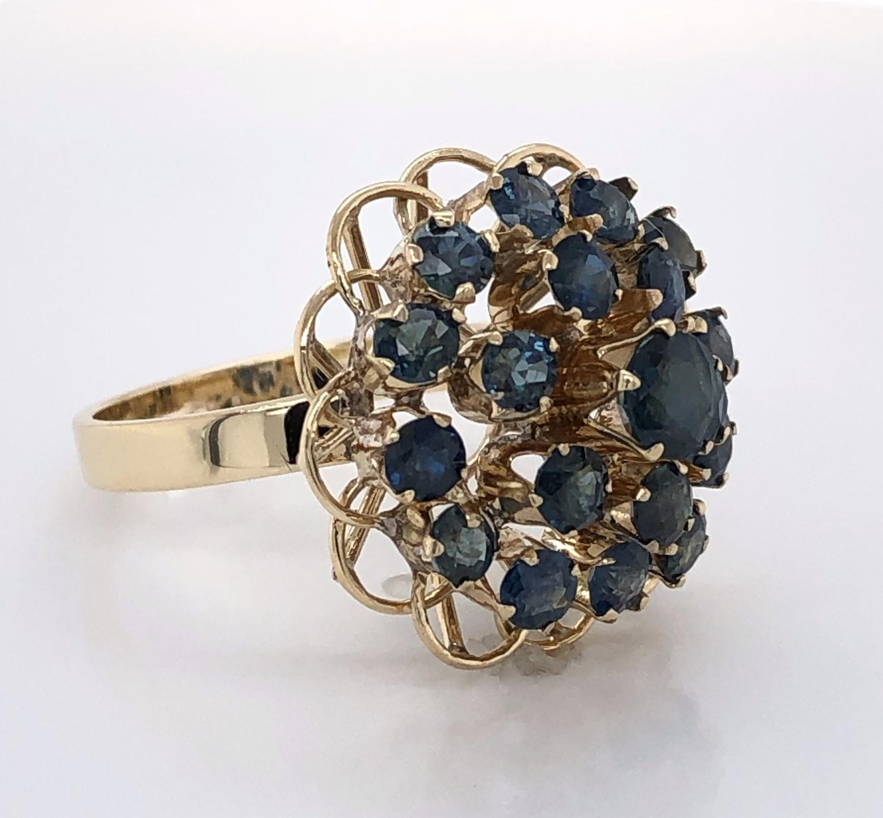 Sapphire Burst Yellow Gold Cluster Cocktail Ring In Excellent Condition In Mount Kisco, NY