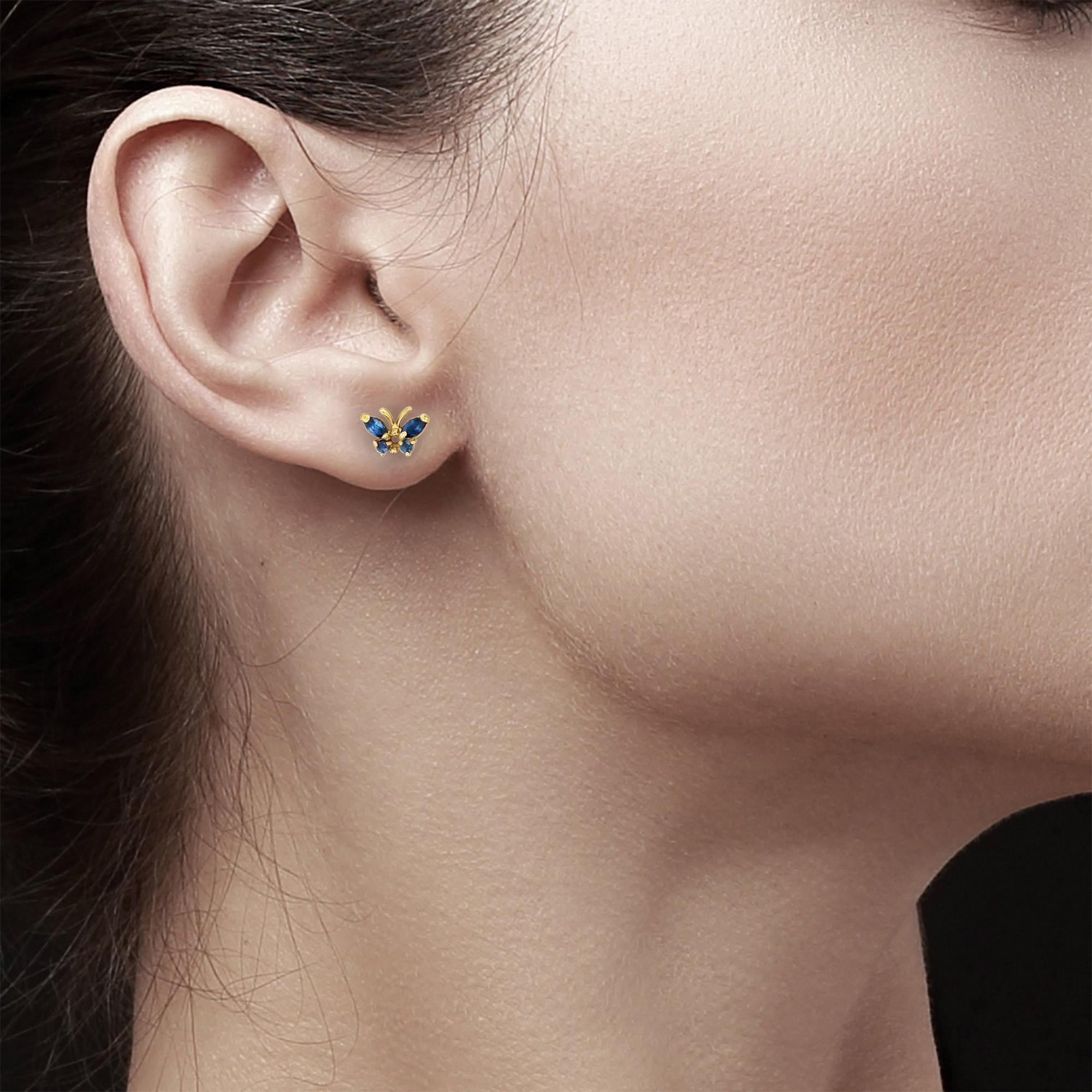 Marquise Cut Sapphire Butterfly Shaped Studs 14k Yellow Gold For Sale