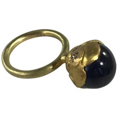 Sapphire Cab Blue Black Diamonds 21K-18K Gold Cocktail Dome Handmade Ring