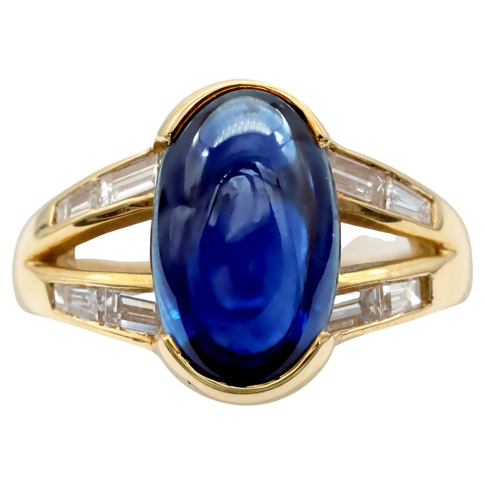 Sapphire Cabochon and Diamond Baguette 18Kt Gold Ring For Sale