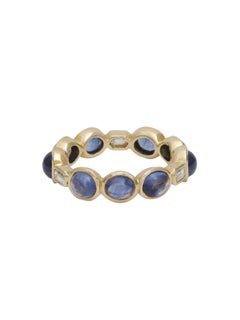Sapphire Cabochon and Diamond Baguette Eternity Ring Handcrafted in 18K Gold