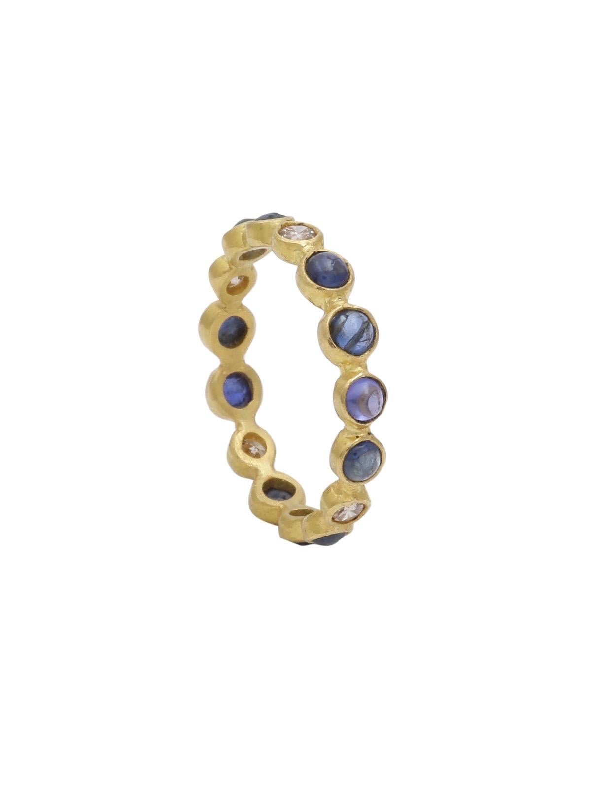 Artisan Sapphire Cabochon and Diamond Stackable Band in 22k Gd For Sale
