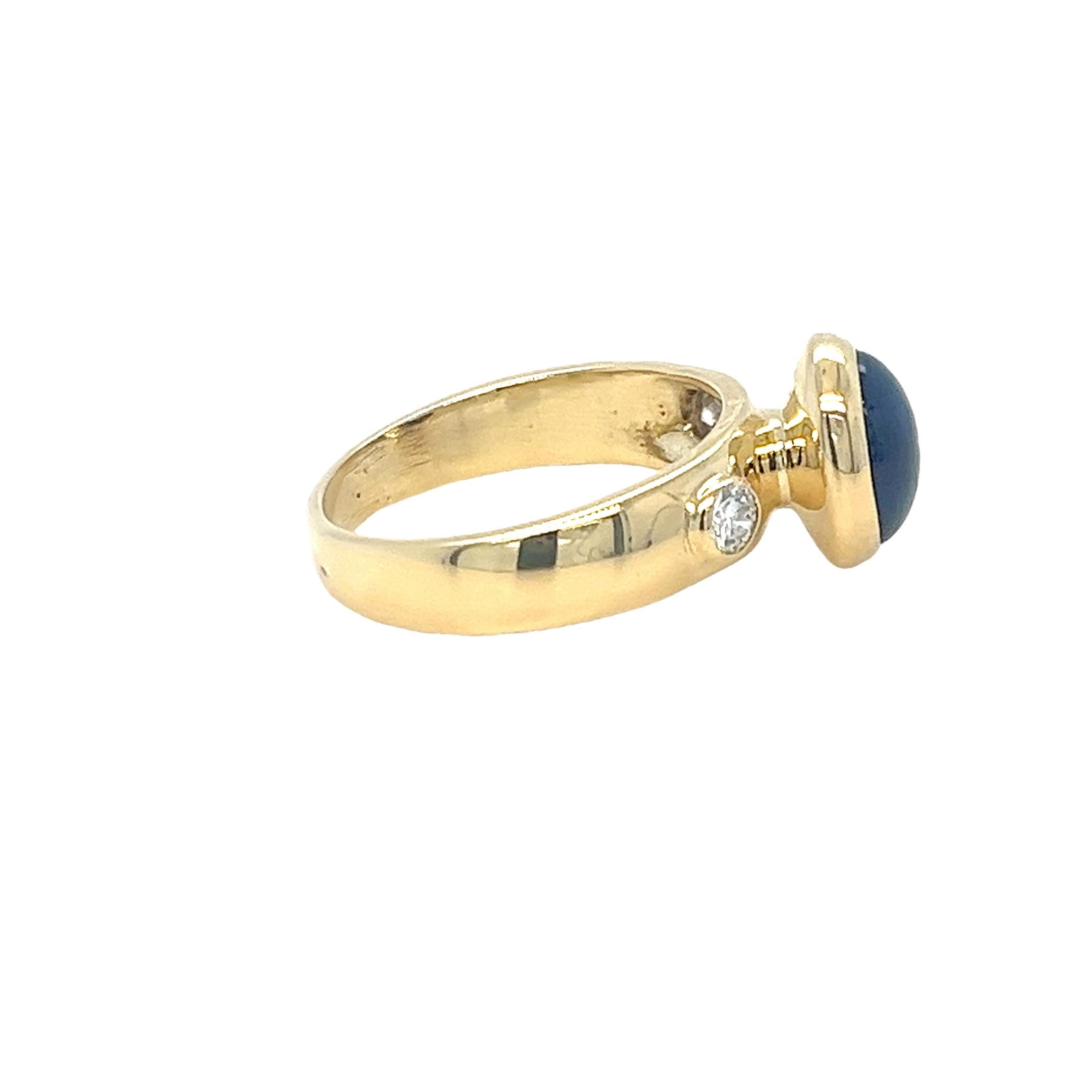 Oval Cut Sapphire Cabochon and Round Diamond 3 Stone Ring in Yellow Gold For Sale