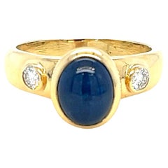 Sapphire Cabochon and Round Diamond 3 Stone Ring in Yellow Gold