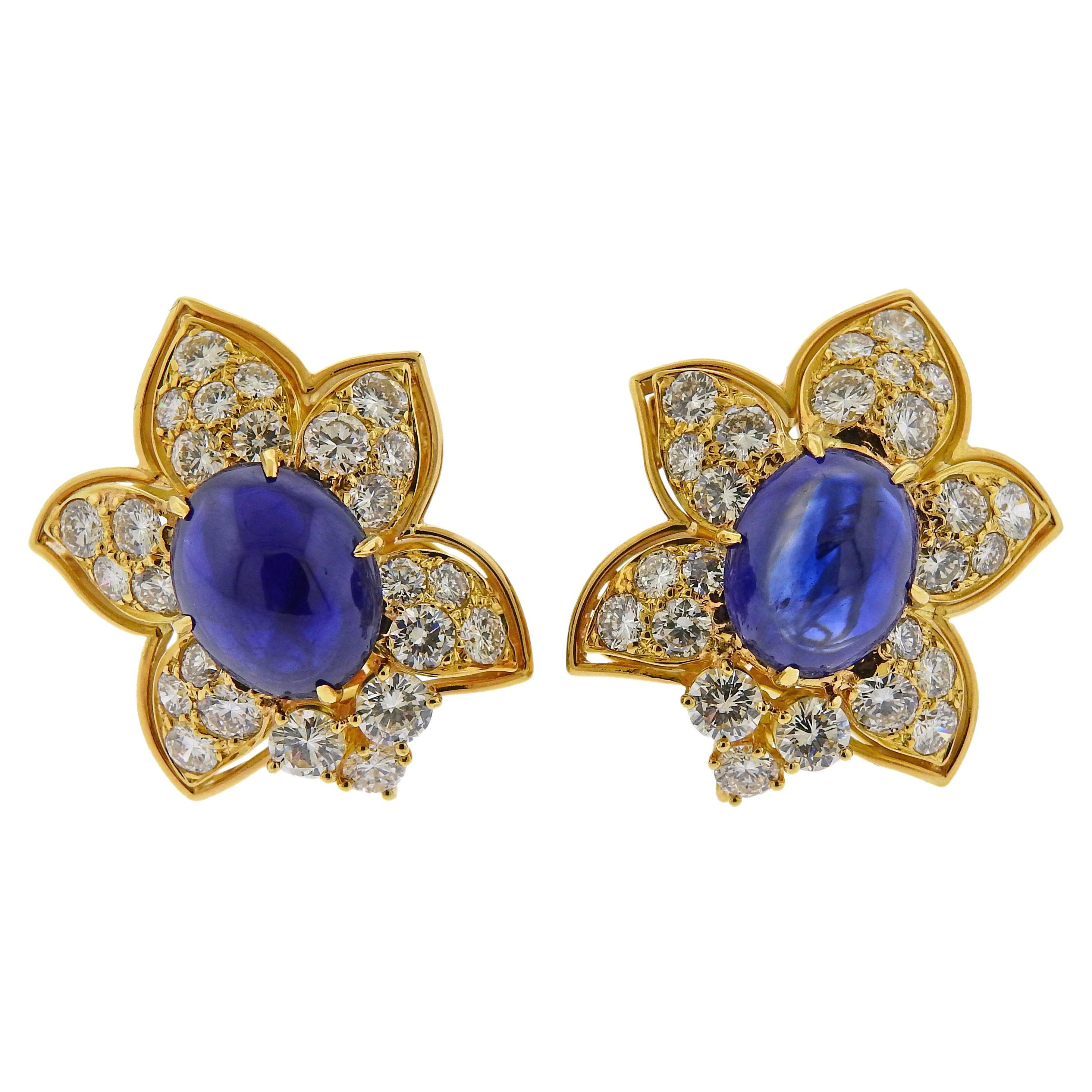 Sapphire Cabochon Diamond Gold Earrings For Sale