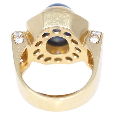 Women's Sapphire Cabochon Diamonds 18K Yellow Gold Ring, 1970