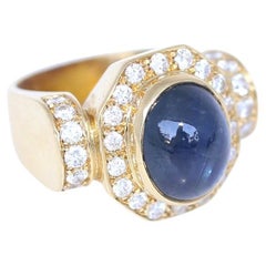 Sapphire Cabochon Diamonds 18K Yellow Gold Ring, 1970