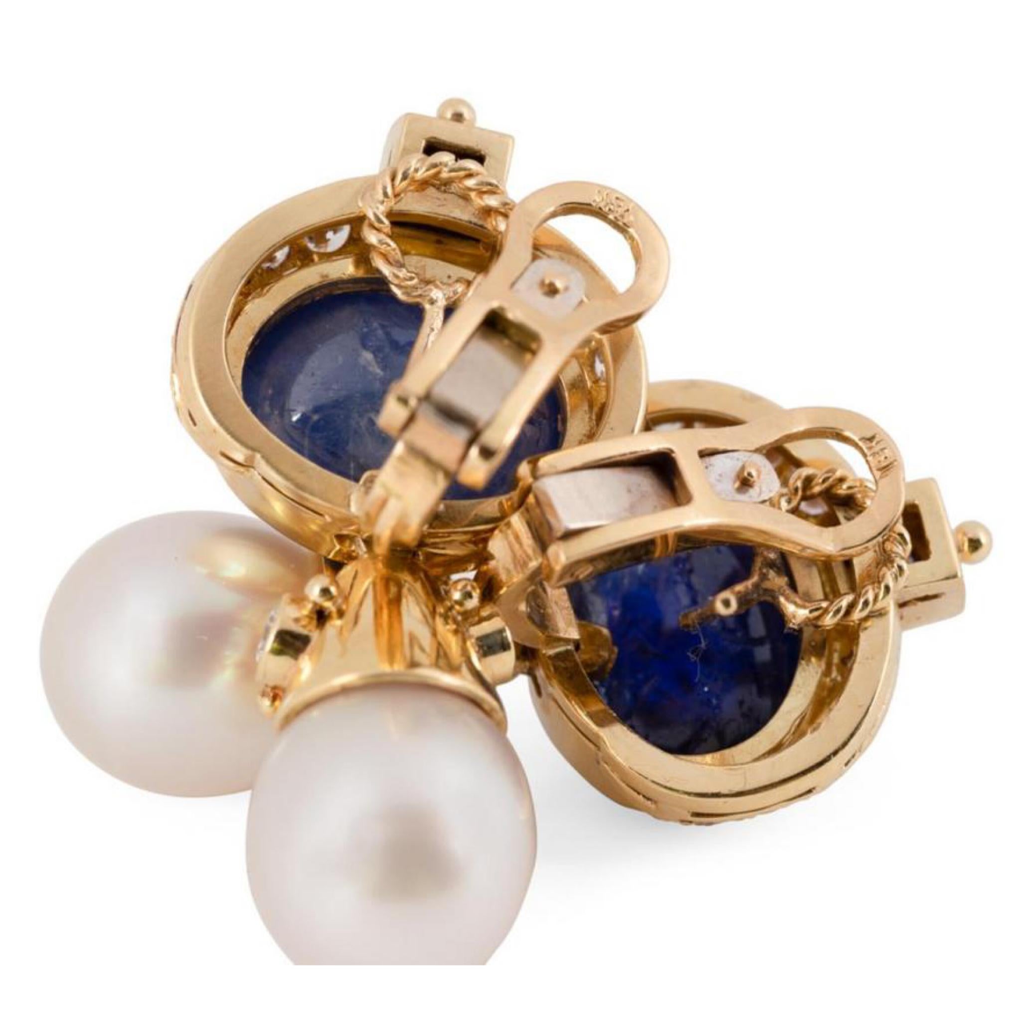 Women's 18 Carats Sapphire Cabochon & Pearl Drop 18K Yellow Gold YG Earrings For Sale