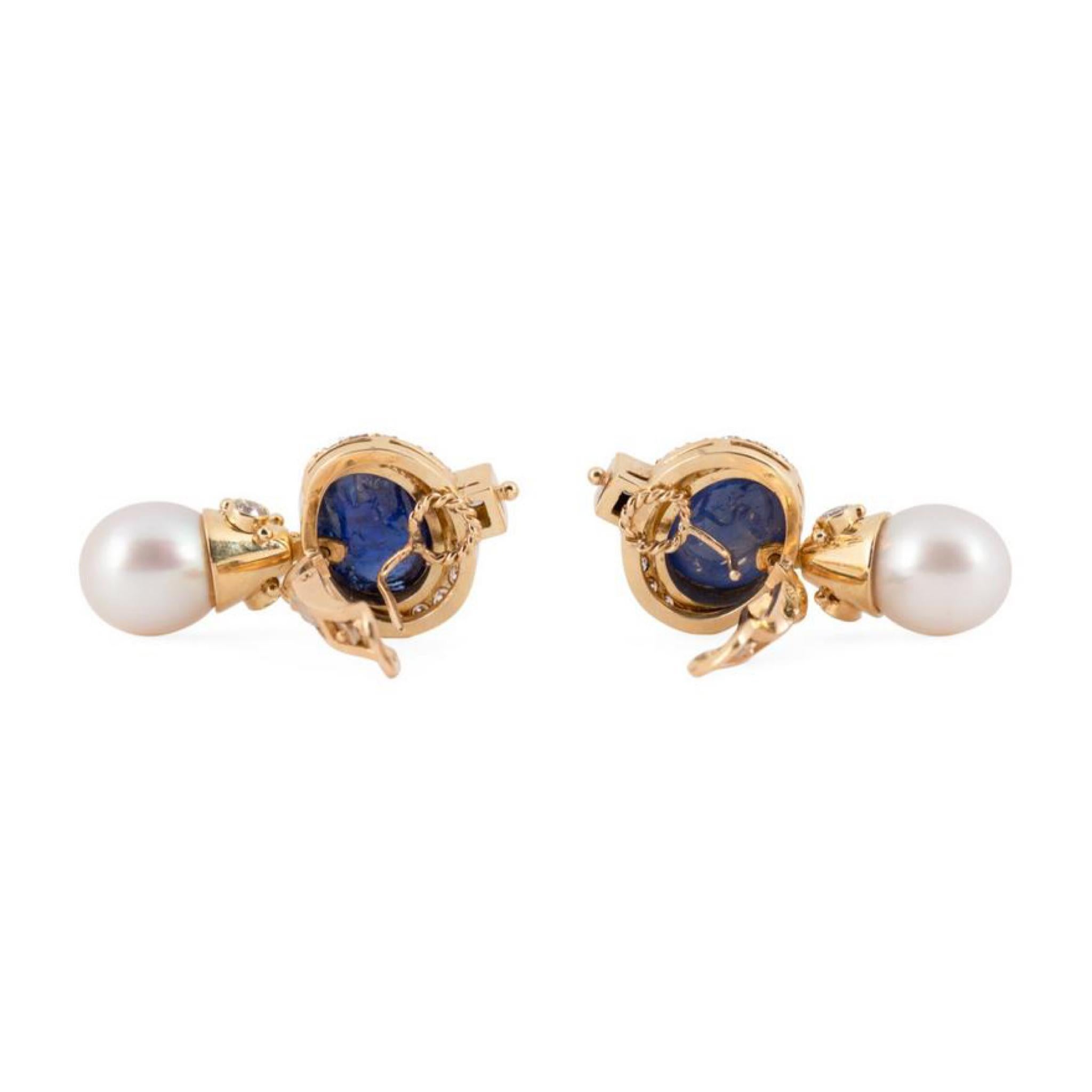18 Carats Sapphire Cabochon & Pearl Drop 18K Yellow Gold YG Earrings For Sale 1