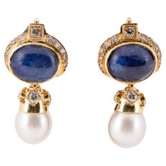 18 Carats Sapphire Cabochon & Pearl Drop 18K Yellow Gold YG Earrings