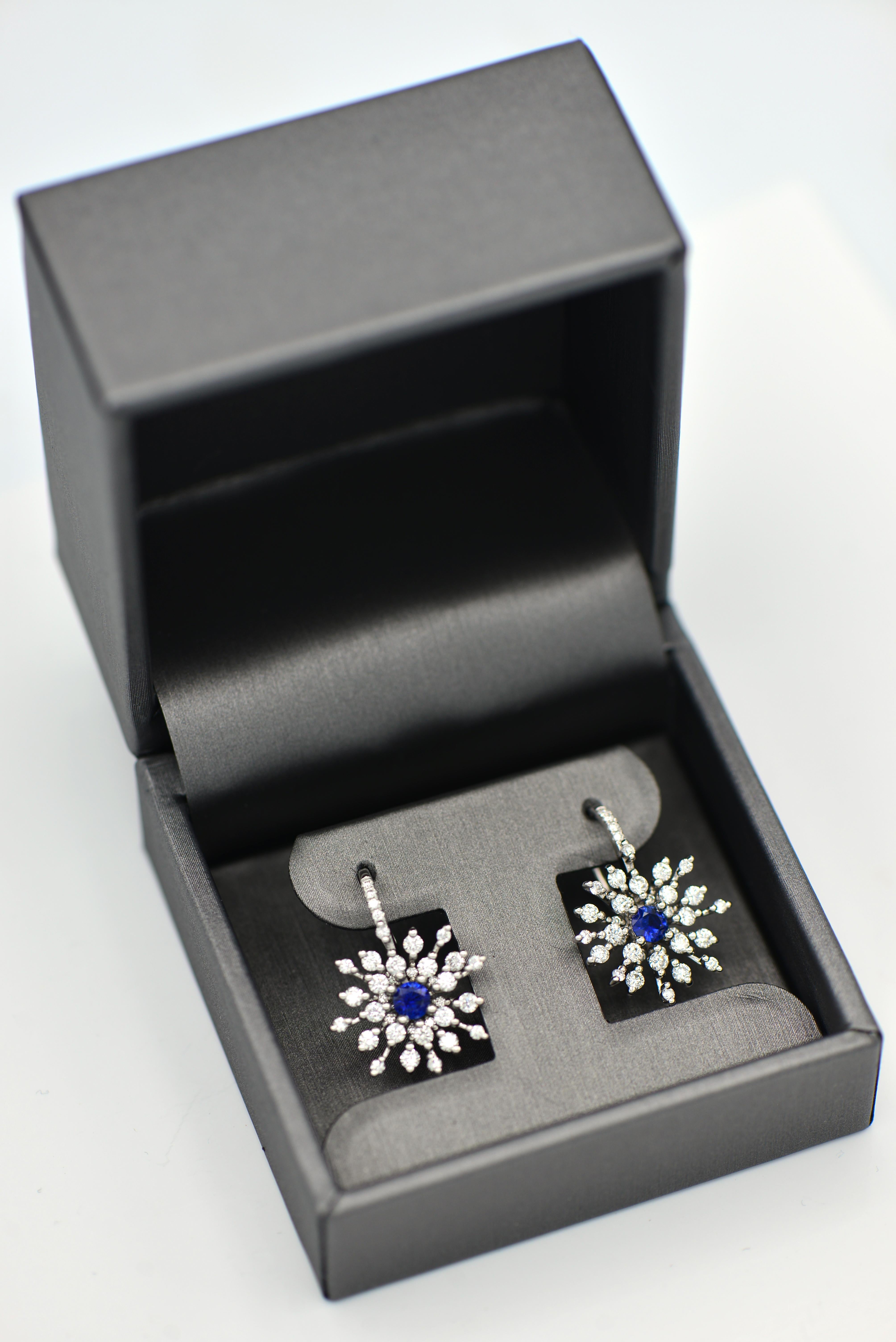 Contemporary Sapphire Centered Diamond Starburst Earrings For Sale