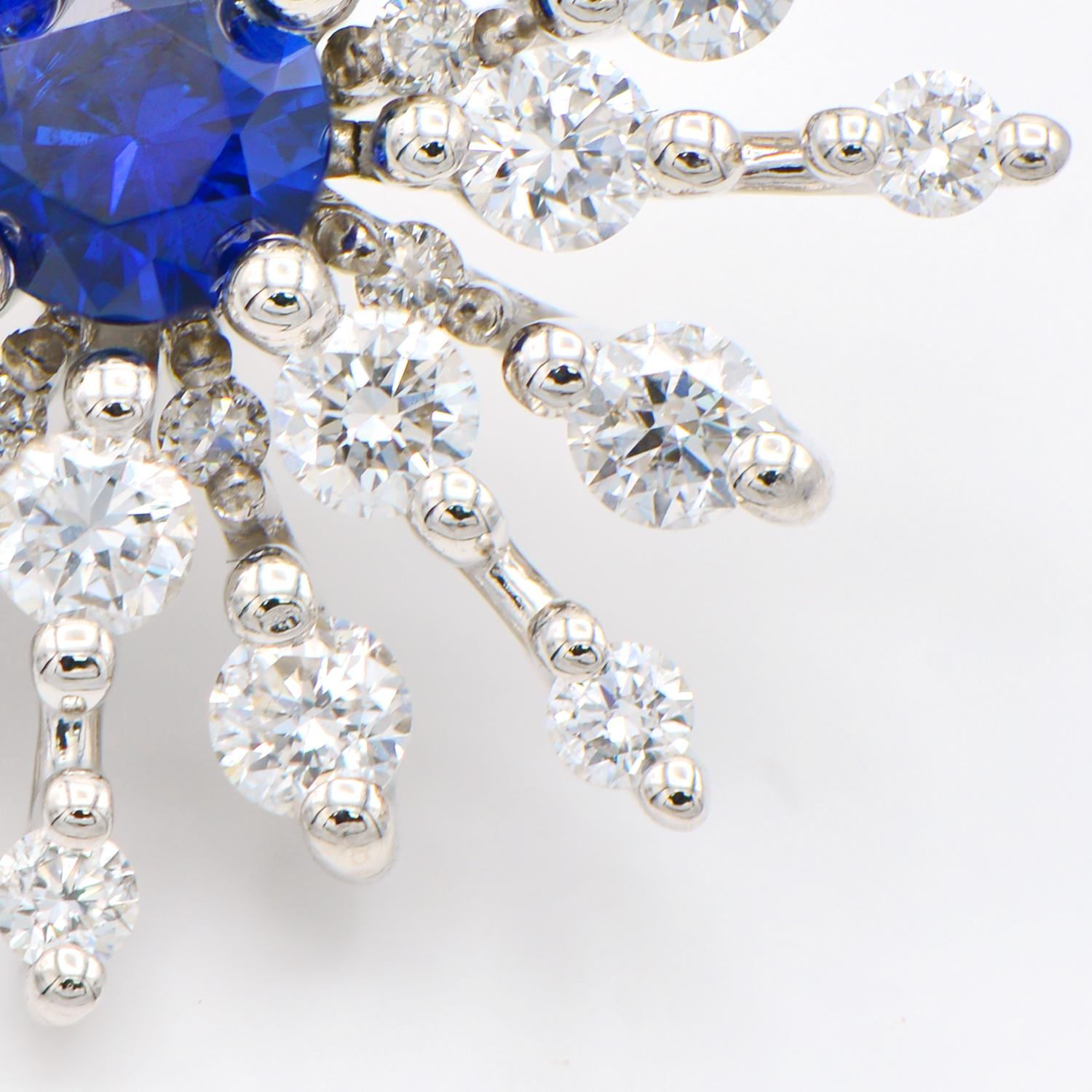 Round Cut Sapphire Centered Diamond Starburst Earrings For Sale