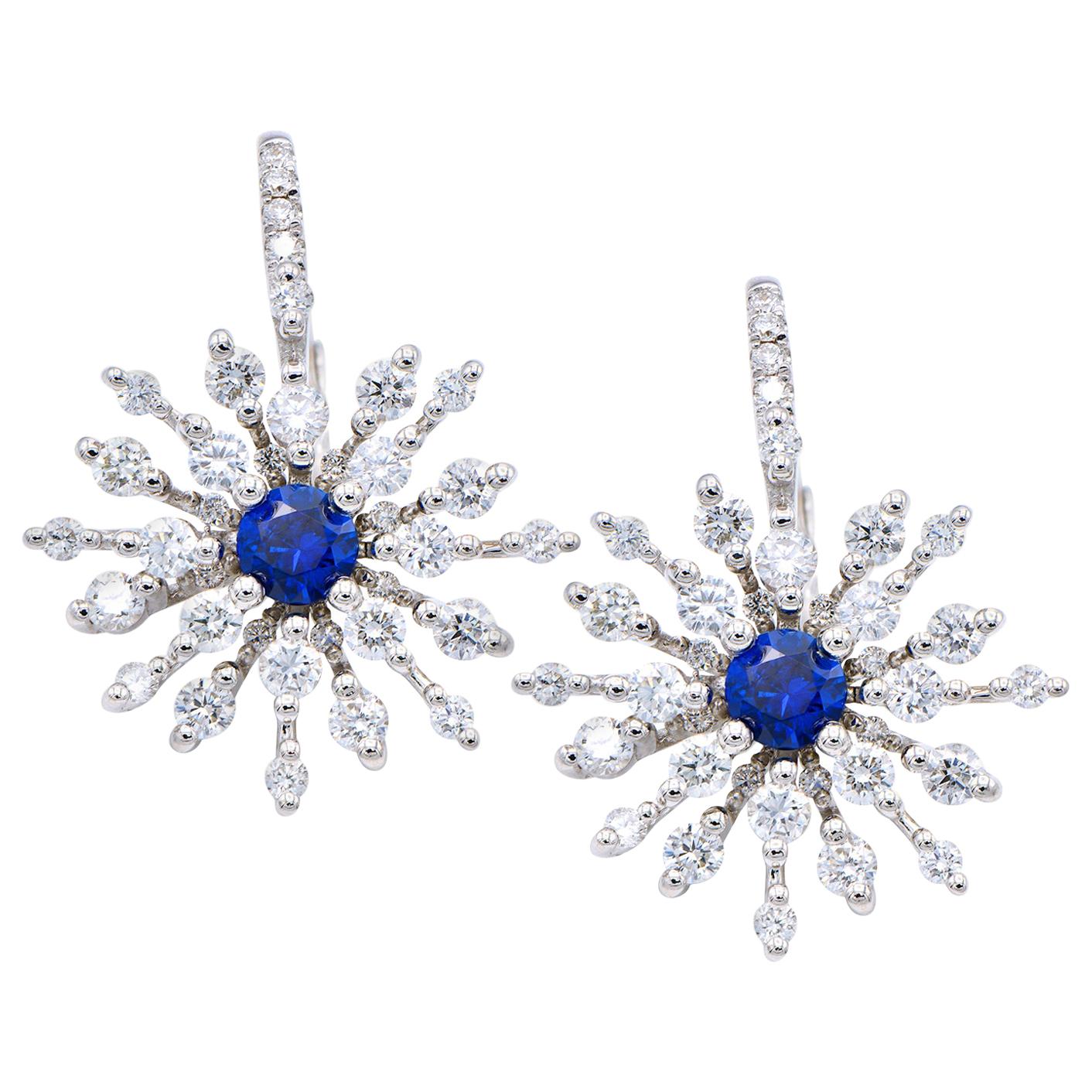 Sapphire Centered Diamond Starburst Earrings For Sale