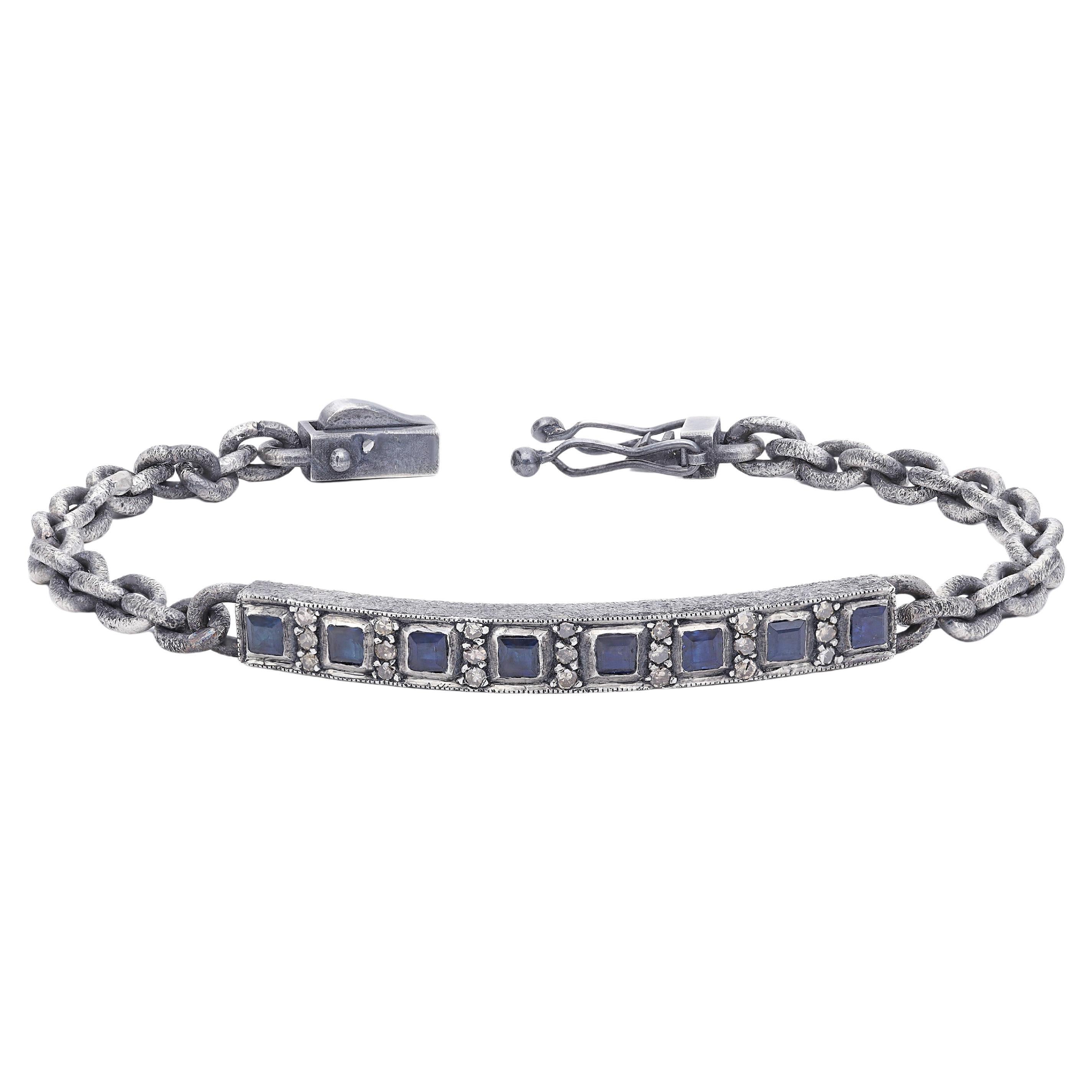  Oxidised Silver Tag Chain Bracelet with Princess Cut Sapphire and Diamonds For Sale