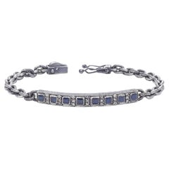  Oxidised Silver Tag Chain Bracelet with Princess Cut Sapphire and Diamonds