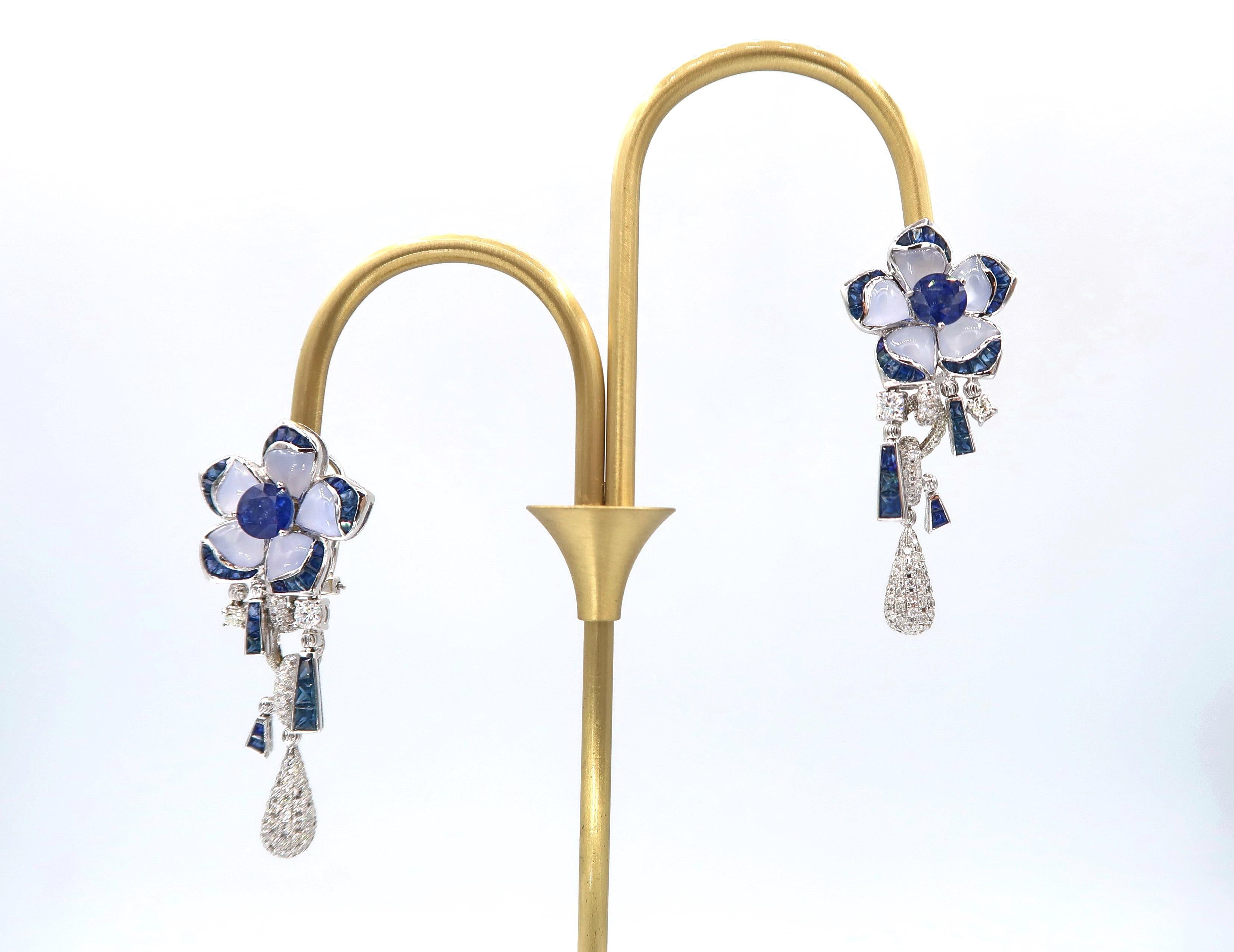 Contemporary Sapphire Chalcedony Diamond Flower White Gold Drop Earrings