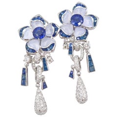 Sapphire Chalcedony Diamond Flower White Gold Drop Earrings