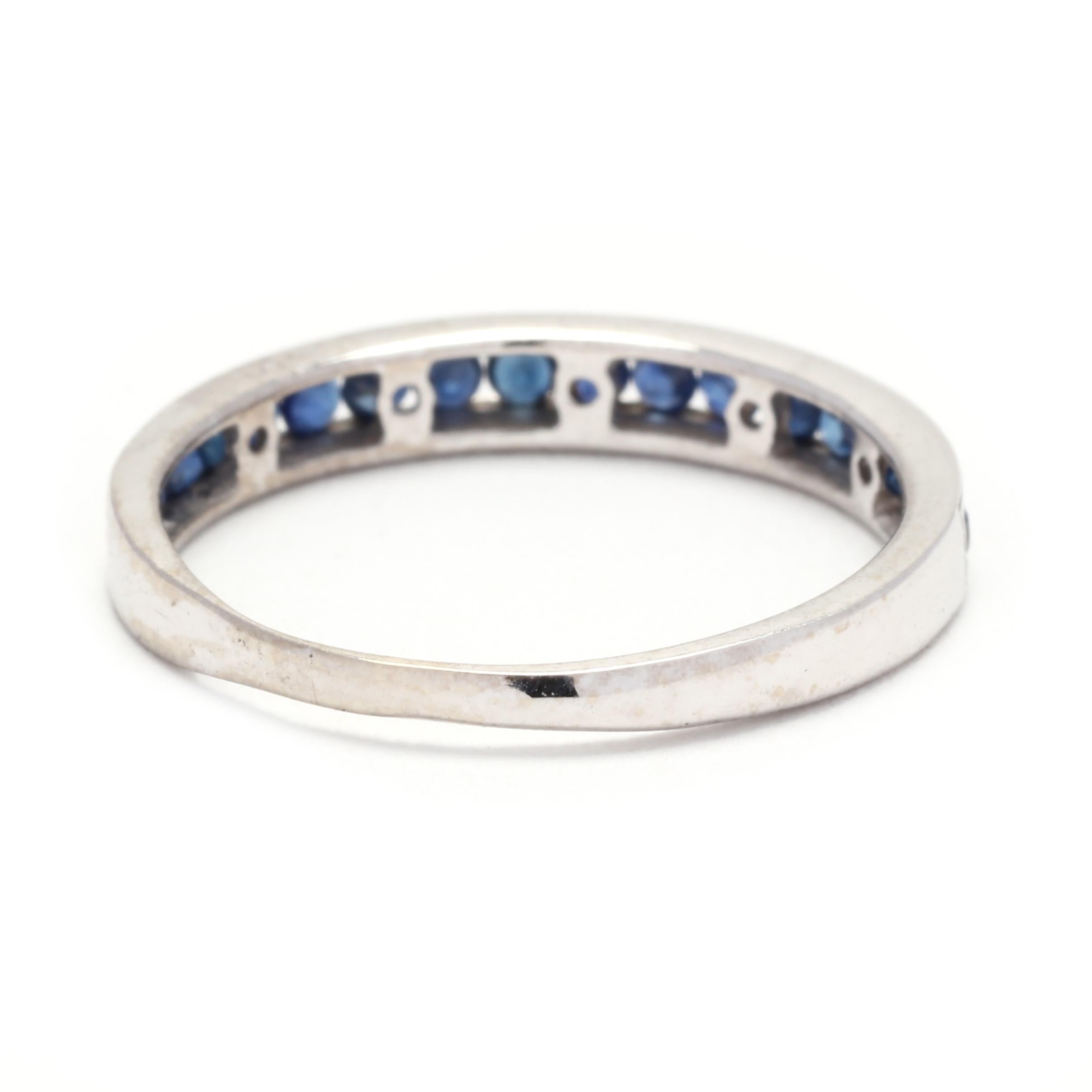 Round Cut Sapphire Channel Set Milgrain Wedding Band, 14K White Gold, Ring Size 4.75