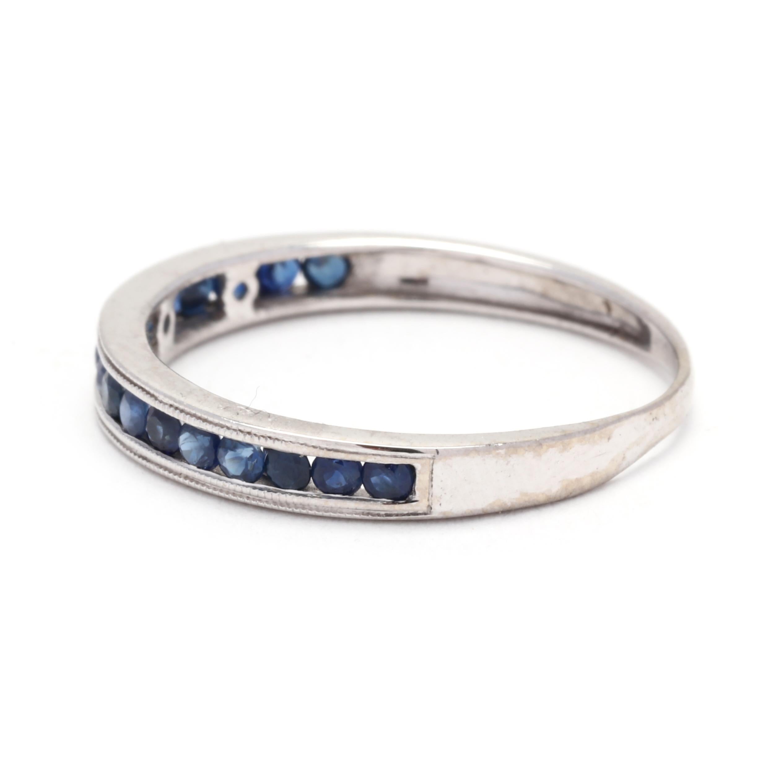 Sapphire Channel Set Milgrain Wedding Band, 14K White Gold, Ring Size 4.75 In Good Condition For Sale In McLeansville, NC