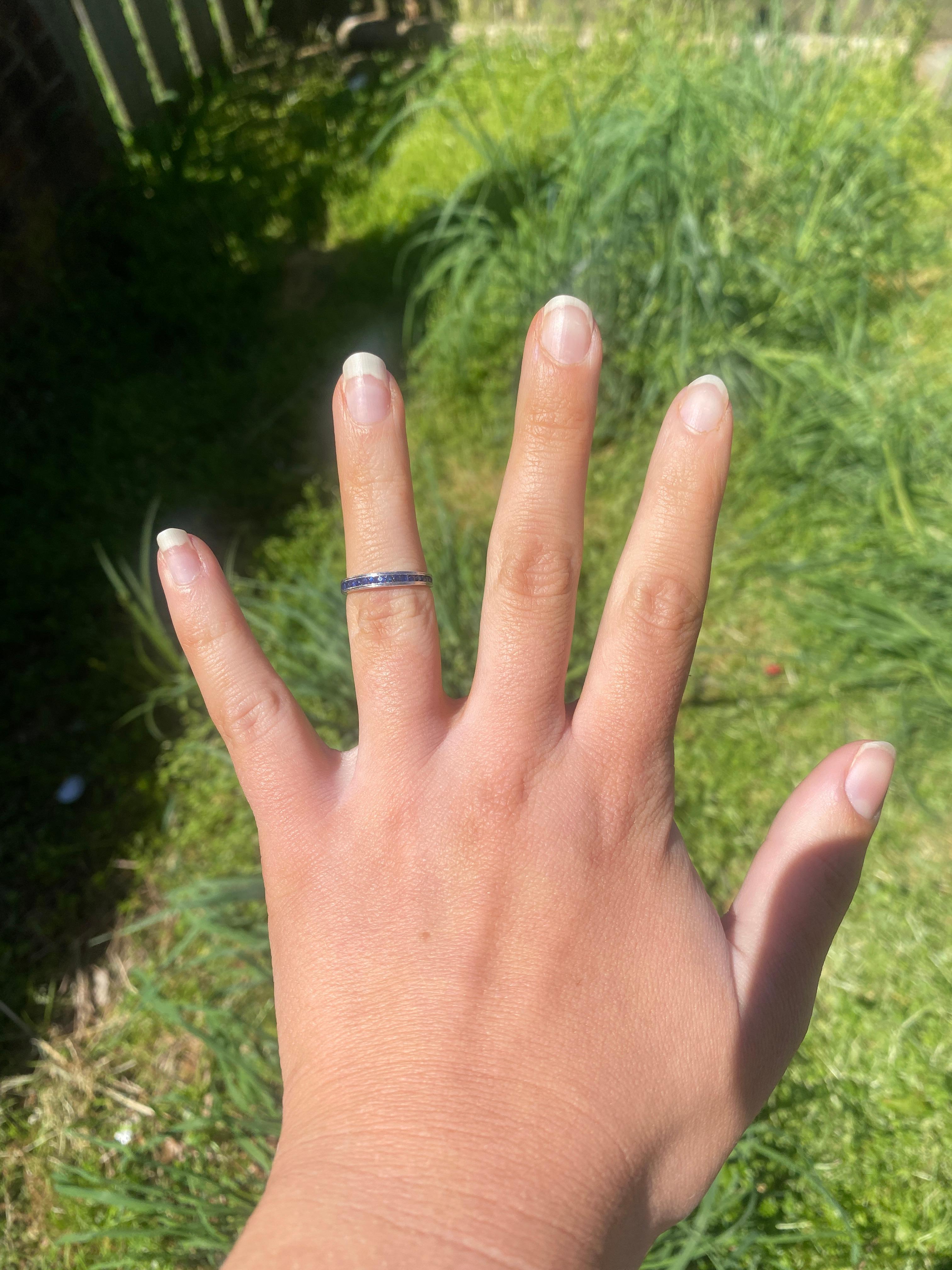 Women's or Men's Sapphire Channel Set Milgrain Wedding Band, 14K White Gold, Ring Size 4.75
